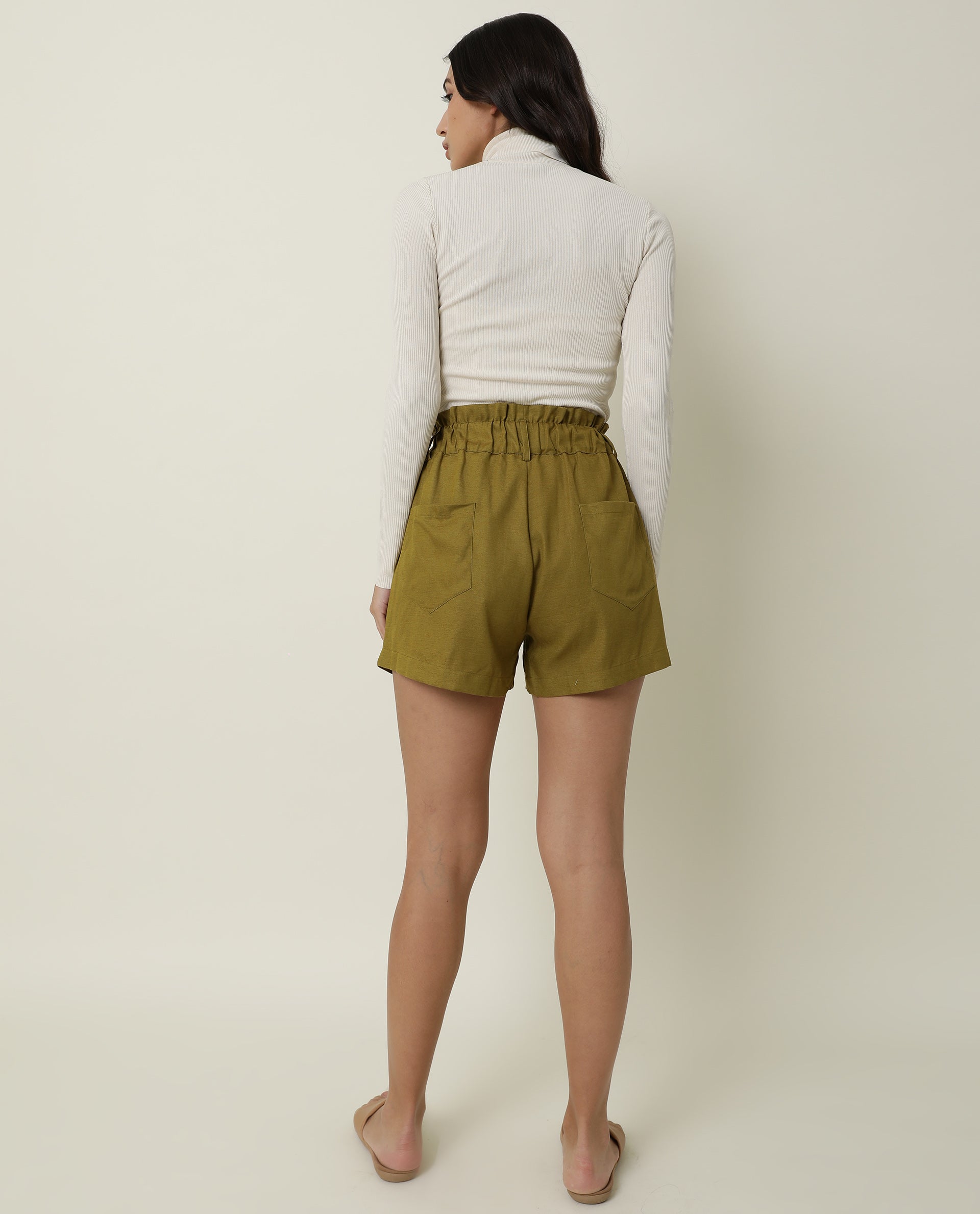 Rareism Women Wobble Light Olive Cotton Fabric Regular Fit Solid High Rise Shorts
