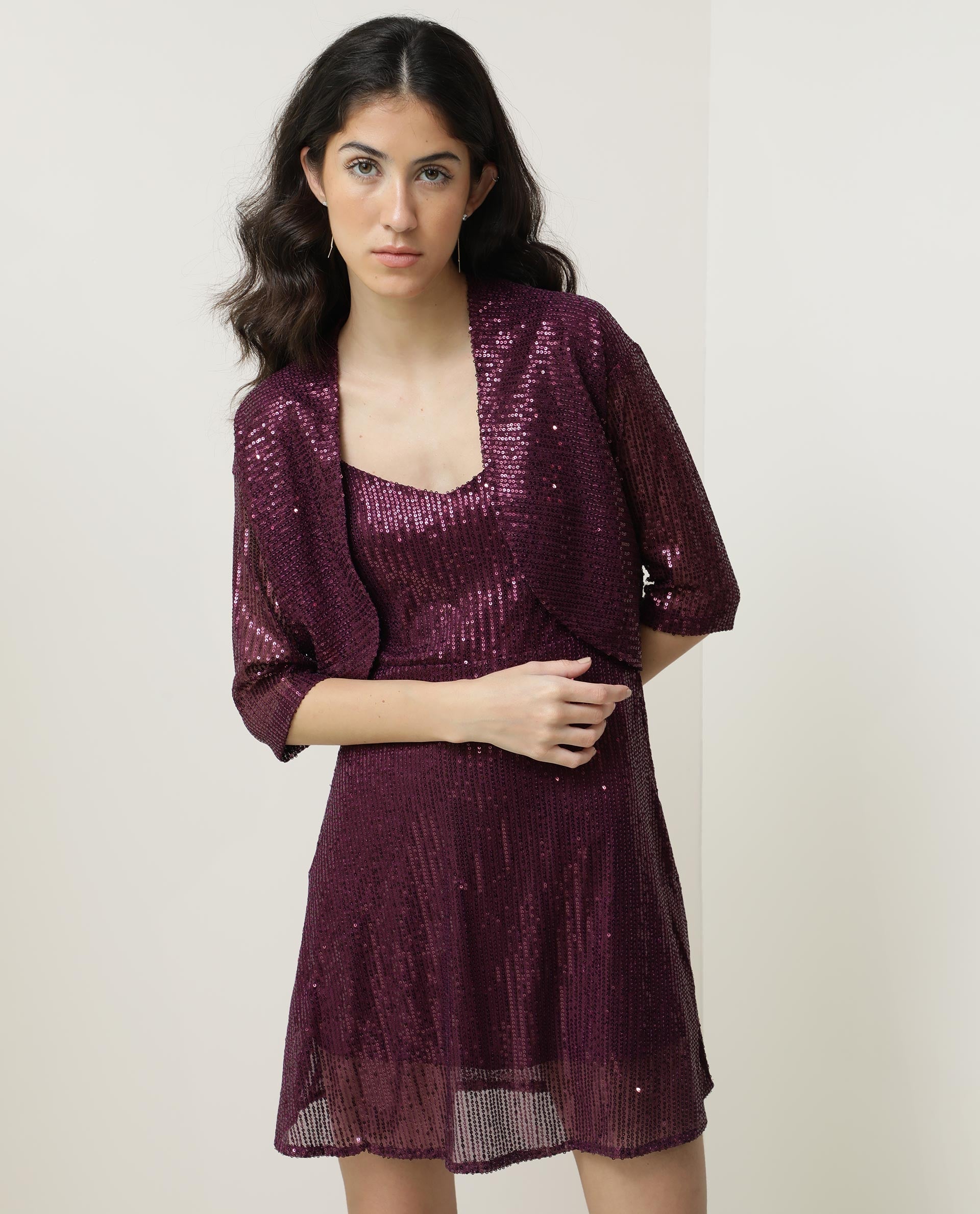 Rareism Women Agog Dark Maroon Nylon Fabric 3/4Th Sleeves Solid Collarless Knee Length Shrug