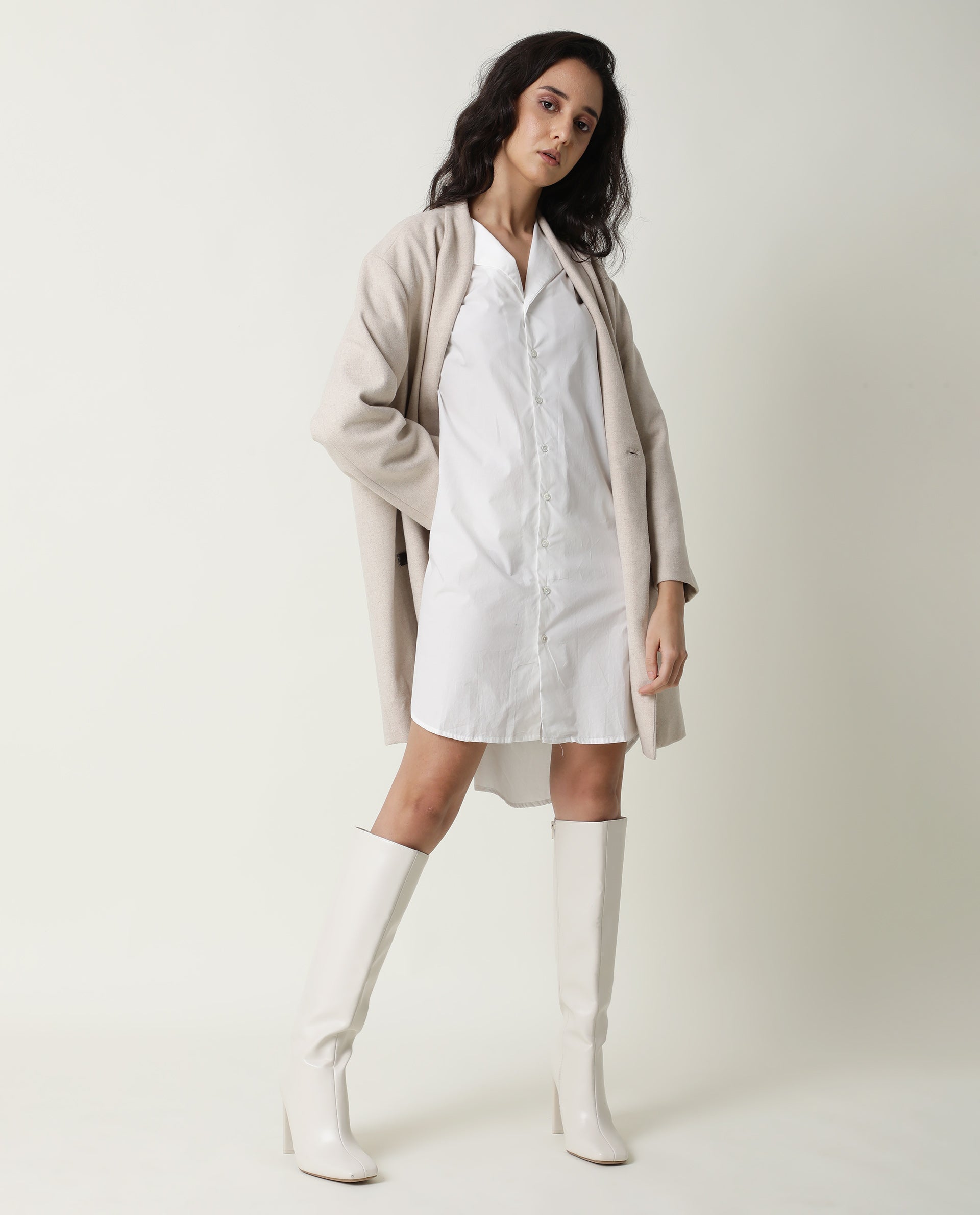 Rareism Women Tally White Cotton Fabric Full Sleeves Collared Neck Solid Short Dress