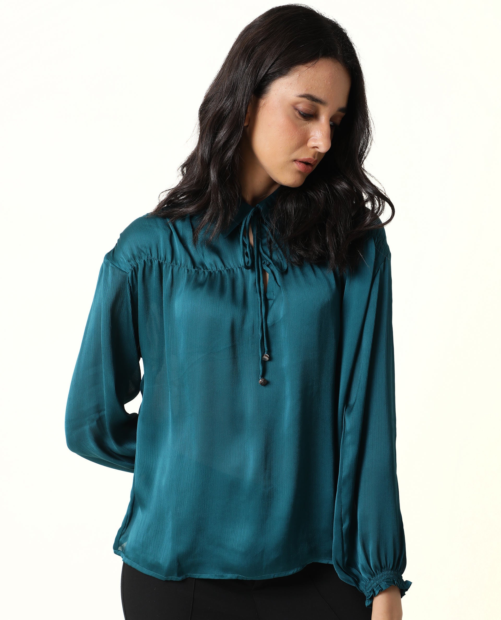 Rareism Womens Leaf Petrol Top Polyester Fabric Regular Fit Puff Sleeves V Neck