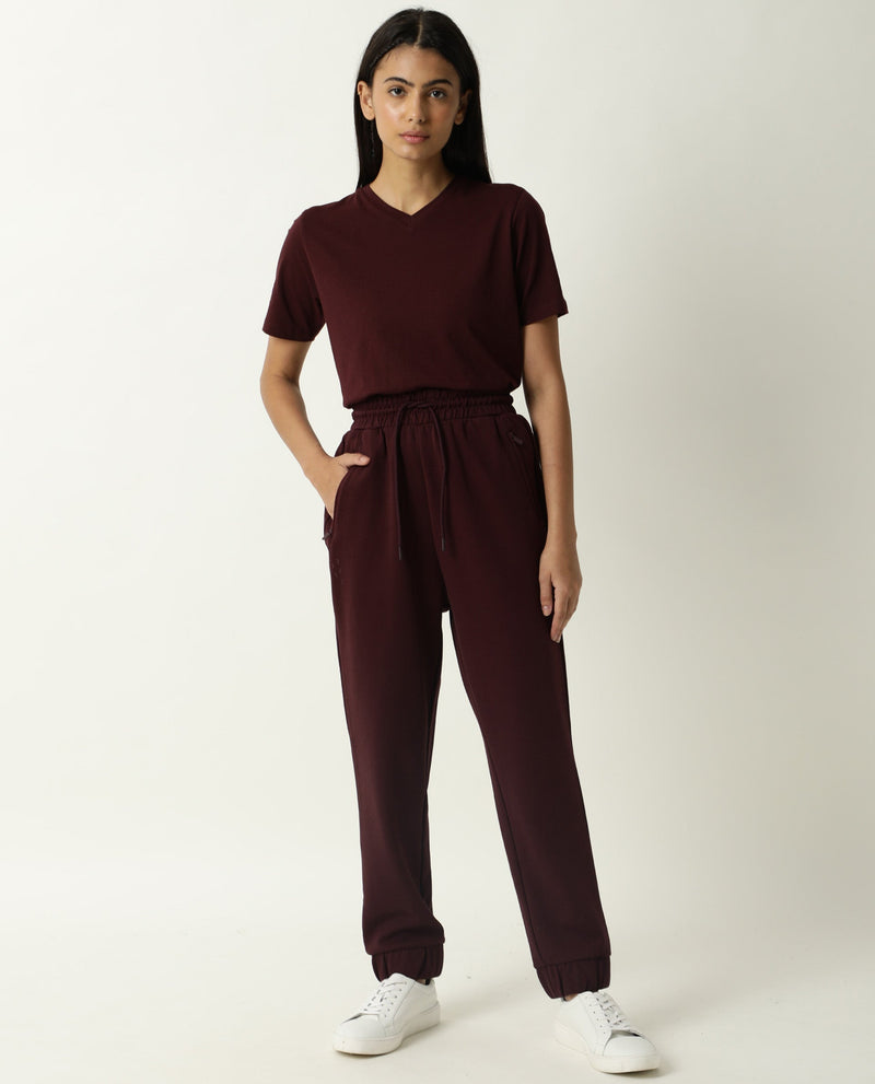 Rareism Women Creta Maroon Cotton Blend Fabric Relaxed Fit Solid Mid Rise Ankle Length Track Pant