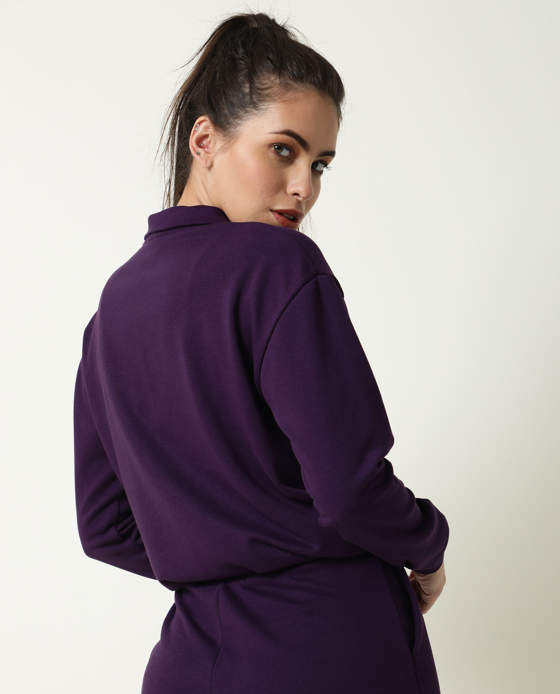 Rareism Women Aldrich Purple Poly Cotton Fabric Regular Fit Full Sleeves Solid High Neck Sweatshirt