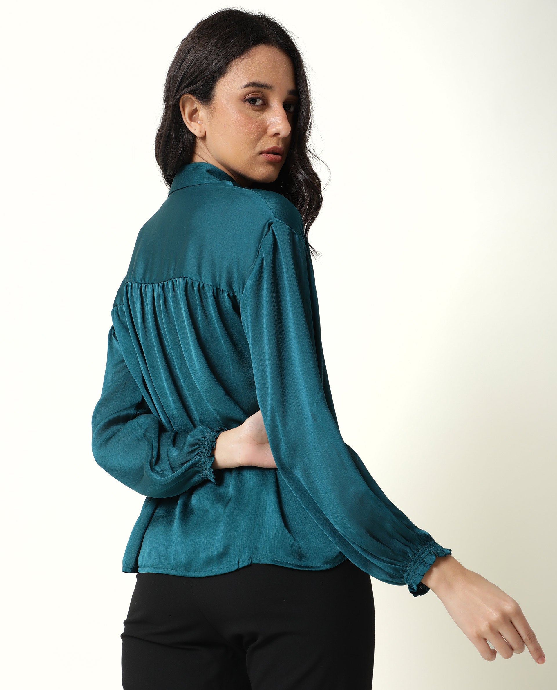 Rareism Womens Leaf Petrol Top Polyester Fabric Regular Fit Puff Sleeves V Neck