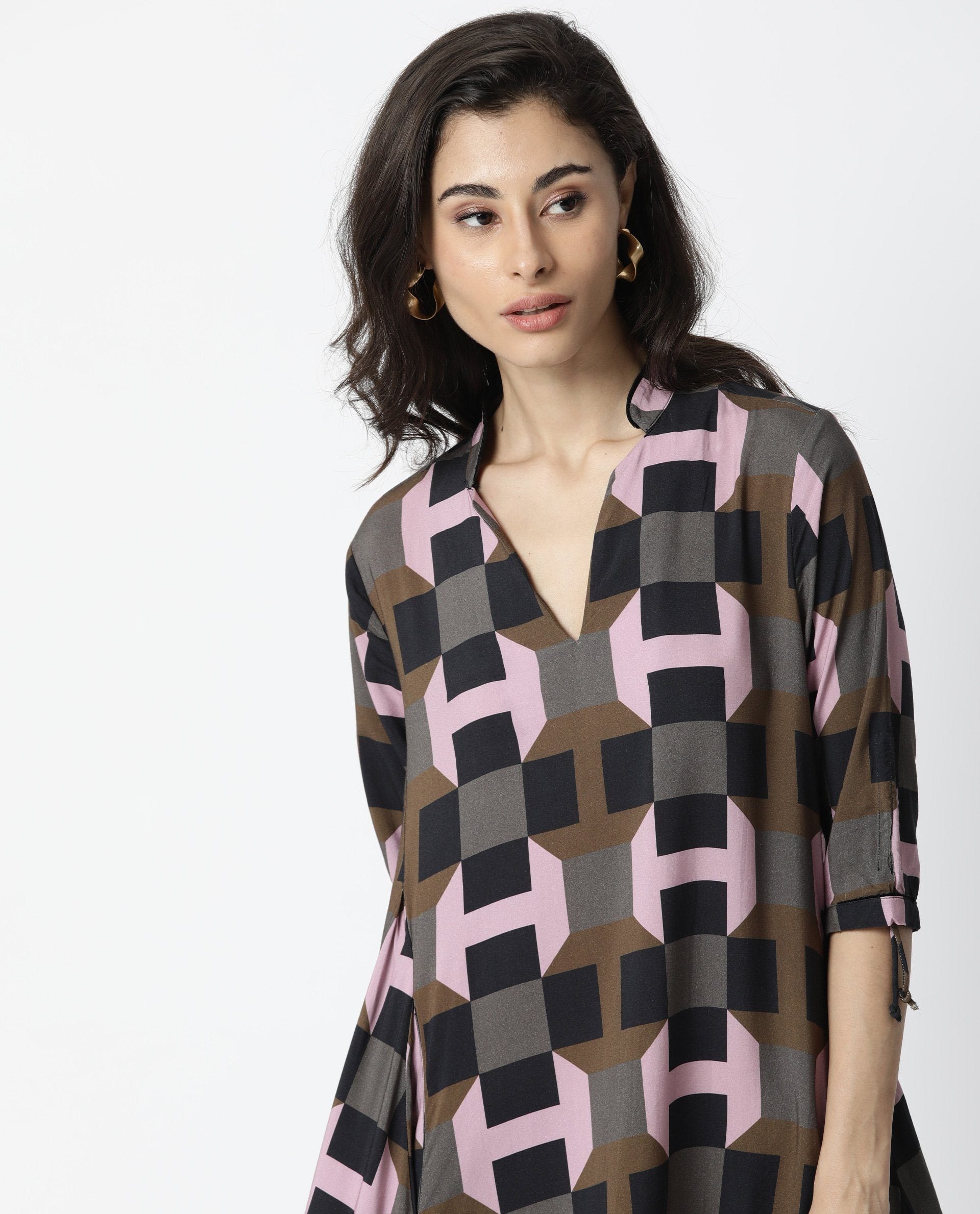 Rareism Womens Kreme Coffee Dress Boxy Fit Collar Neck A Line Half Sleeve