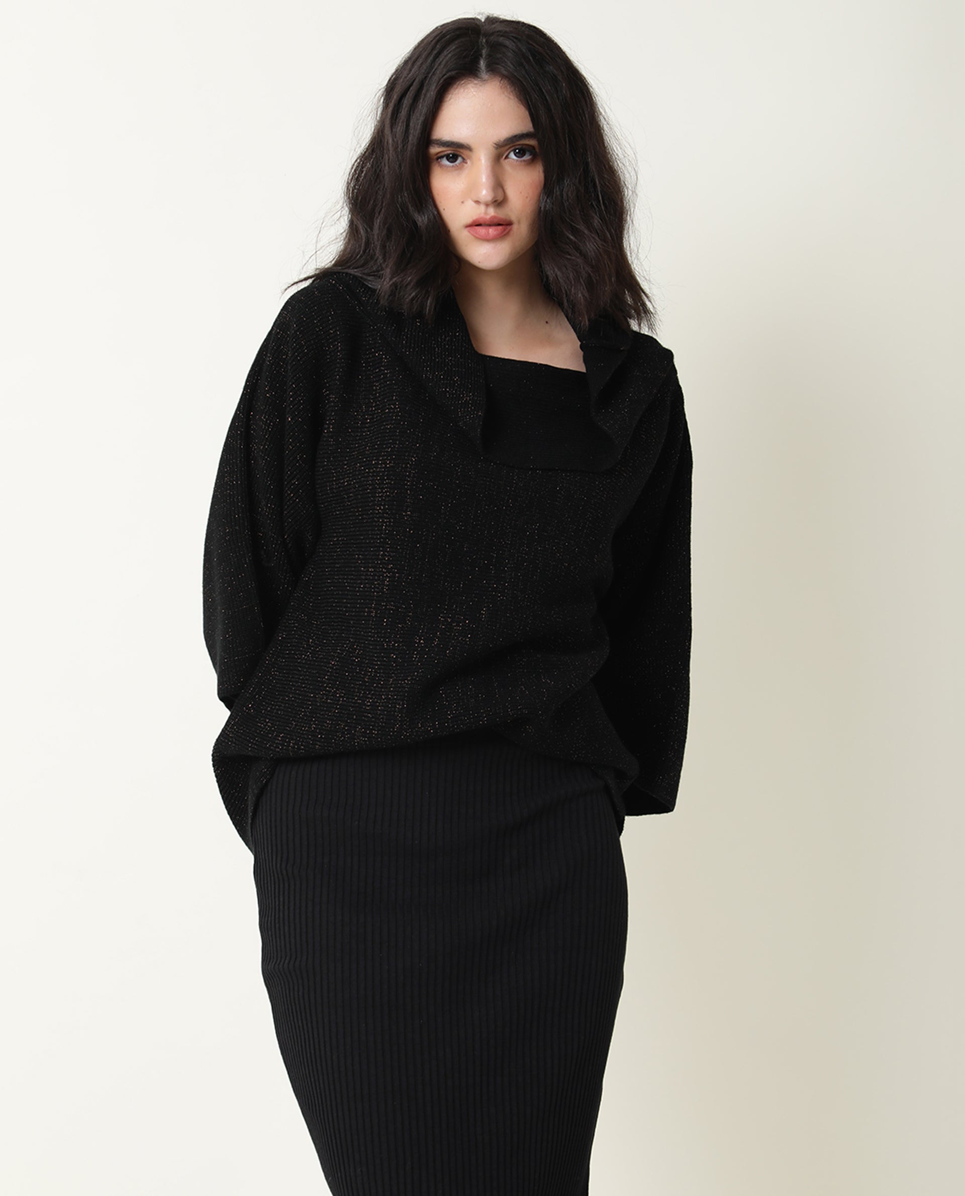 Rareism Women Innov Black Polyester Fabric 3/4Th Sleeves Knee Length Relaxed Fit Solid Cowl Neck Sweater