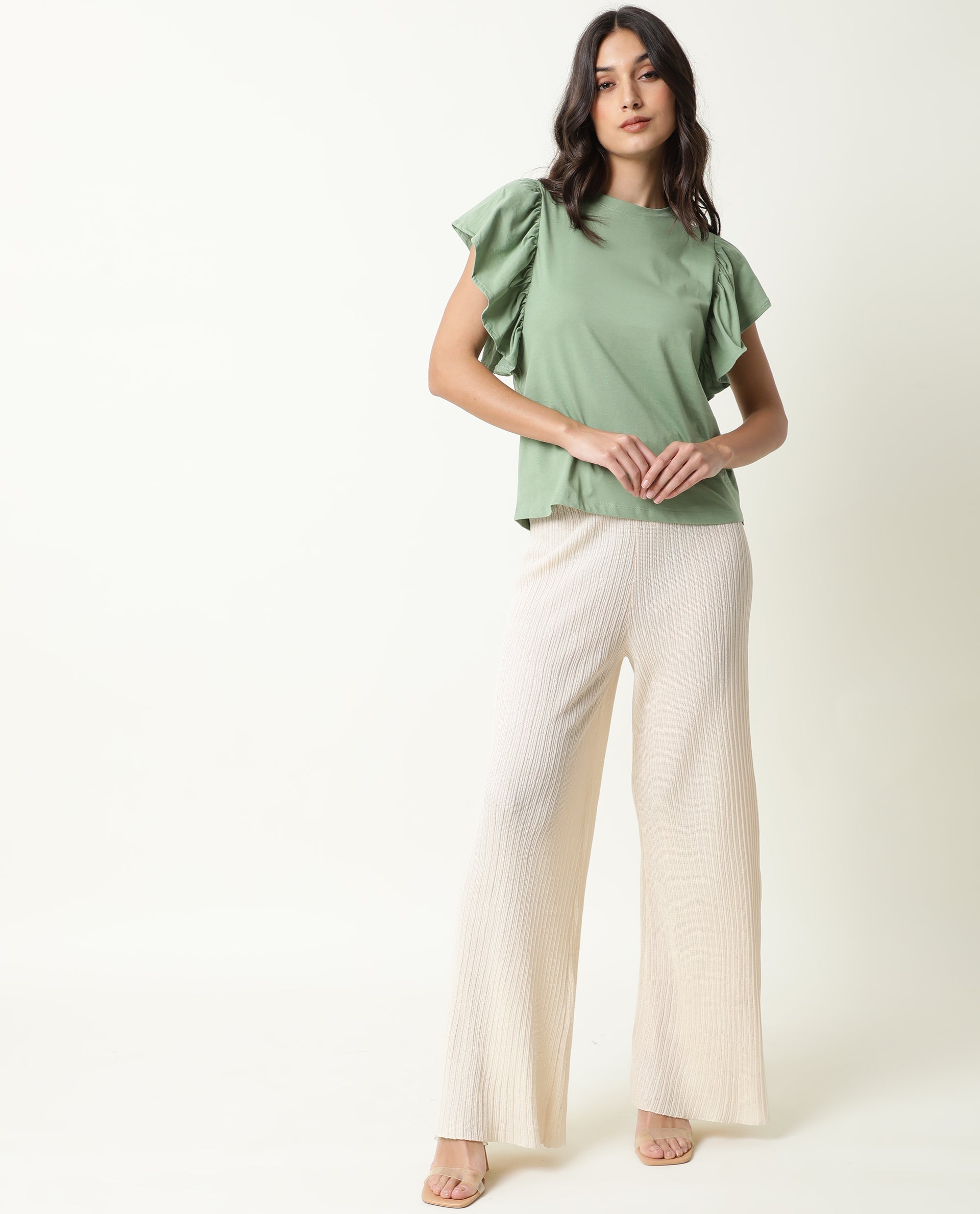 Rareism Womens Yatch Green Top Cotton Fabric Regular Fit Ruffled Sleeves Crew Neck