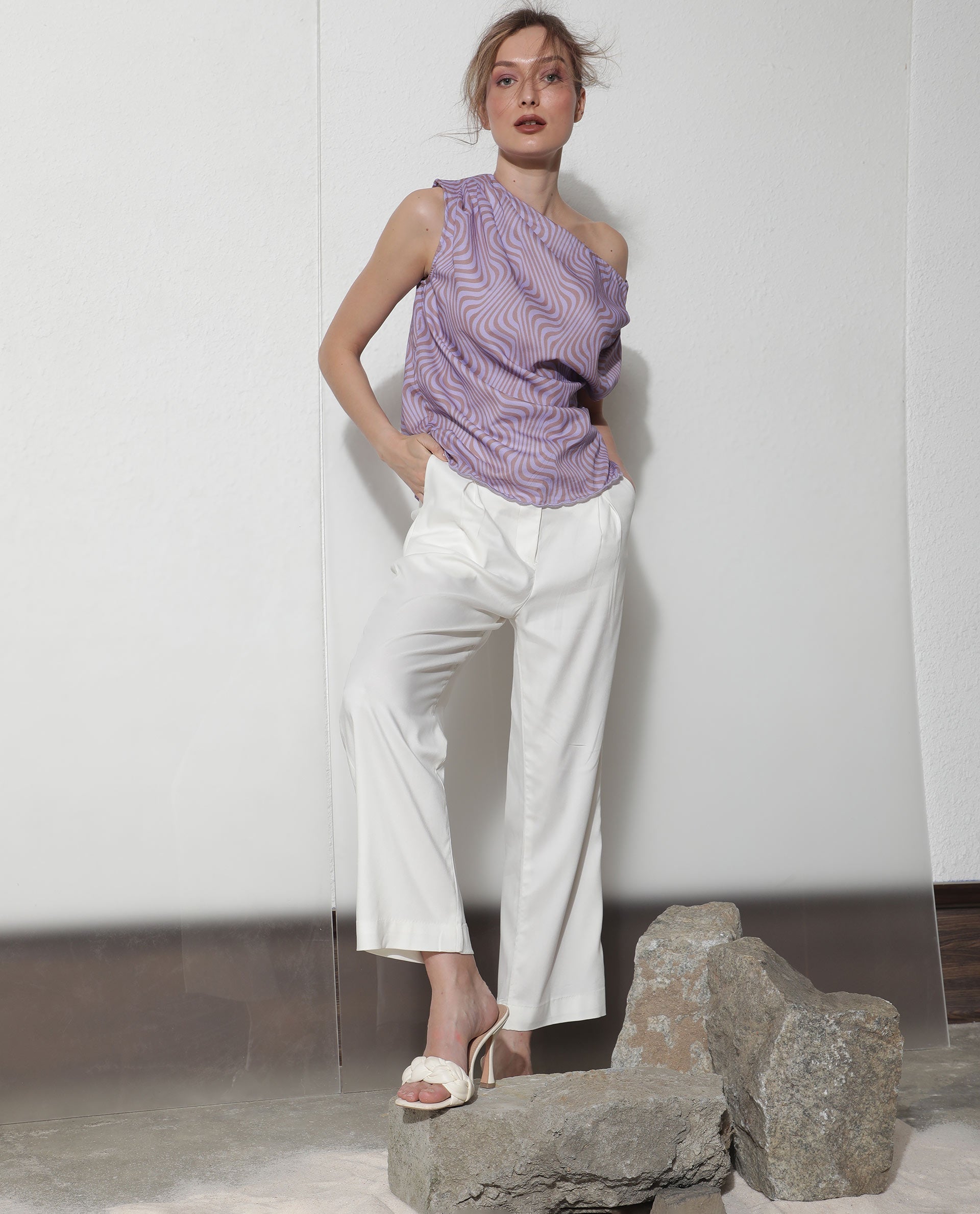 Rareism Women Milio Purple Cotton Fabric Regular Fit Tube Neck Geometric Print Top