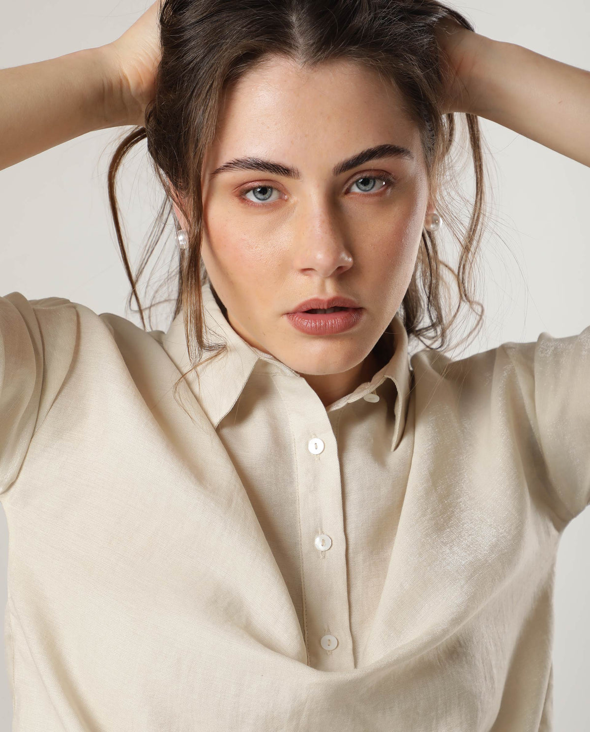 Rareism Women Velynn Beige Polyester Fabric Regular Fit Shirt Collar 3/4Th Sleeves Solid Top