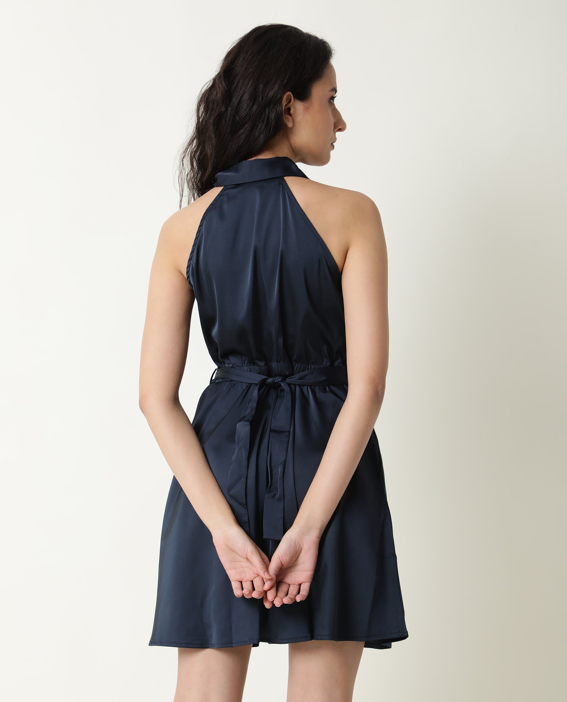 Rareism Women Sulphur Navy Shirt Collar Halter Neck Full Front Button Closure Placket With Fabric Waist Belt Mini Dress