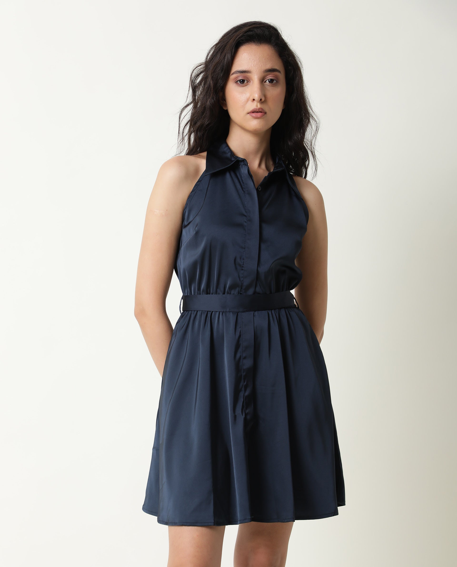 Rareism Women Sulphur Navy Shirt Collar Halter Neck Full Front Button Closure Placket With Fabric Waist Belt Mini Dress