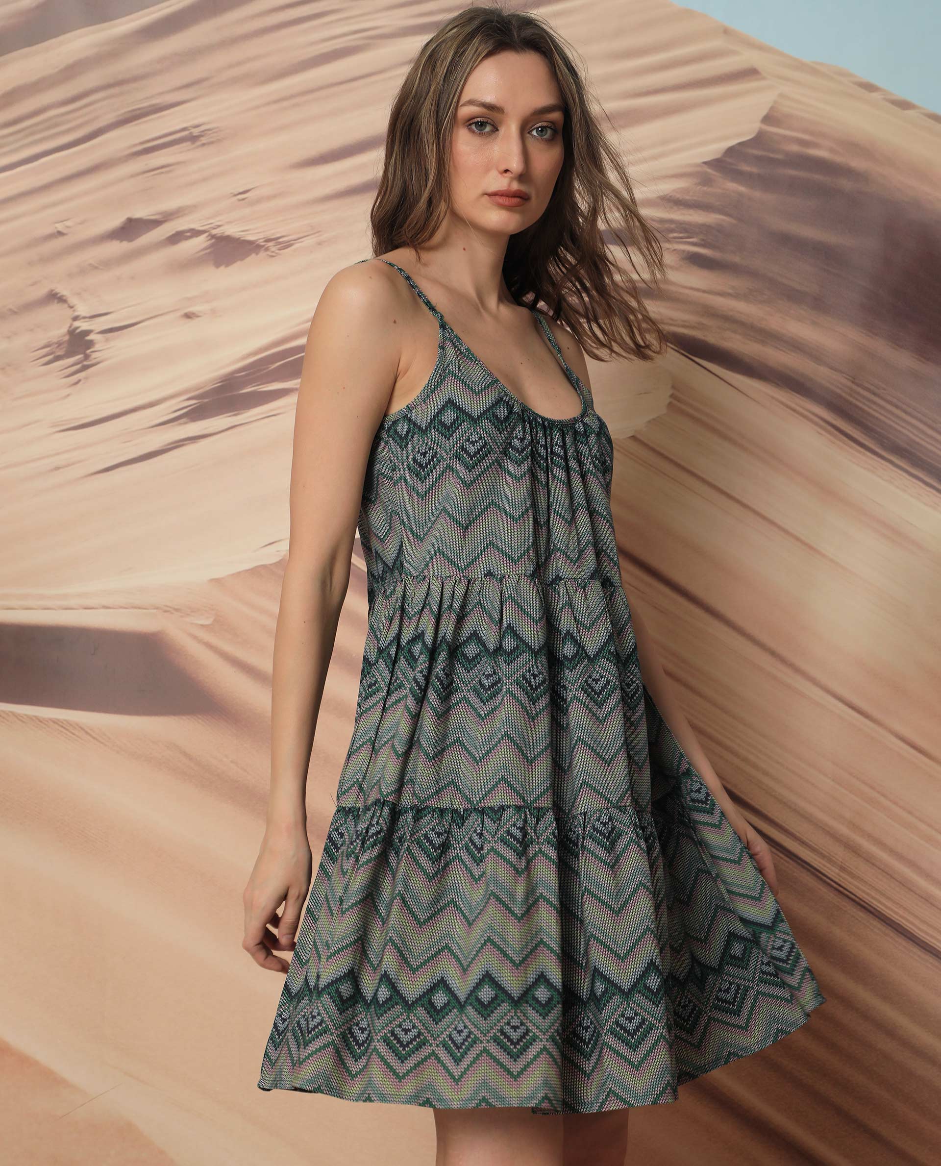 Rareism Women's Callie - Green Polyester Collarless Geometric Print Shoulder Strap Knee Length Regular Fit Dress