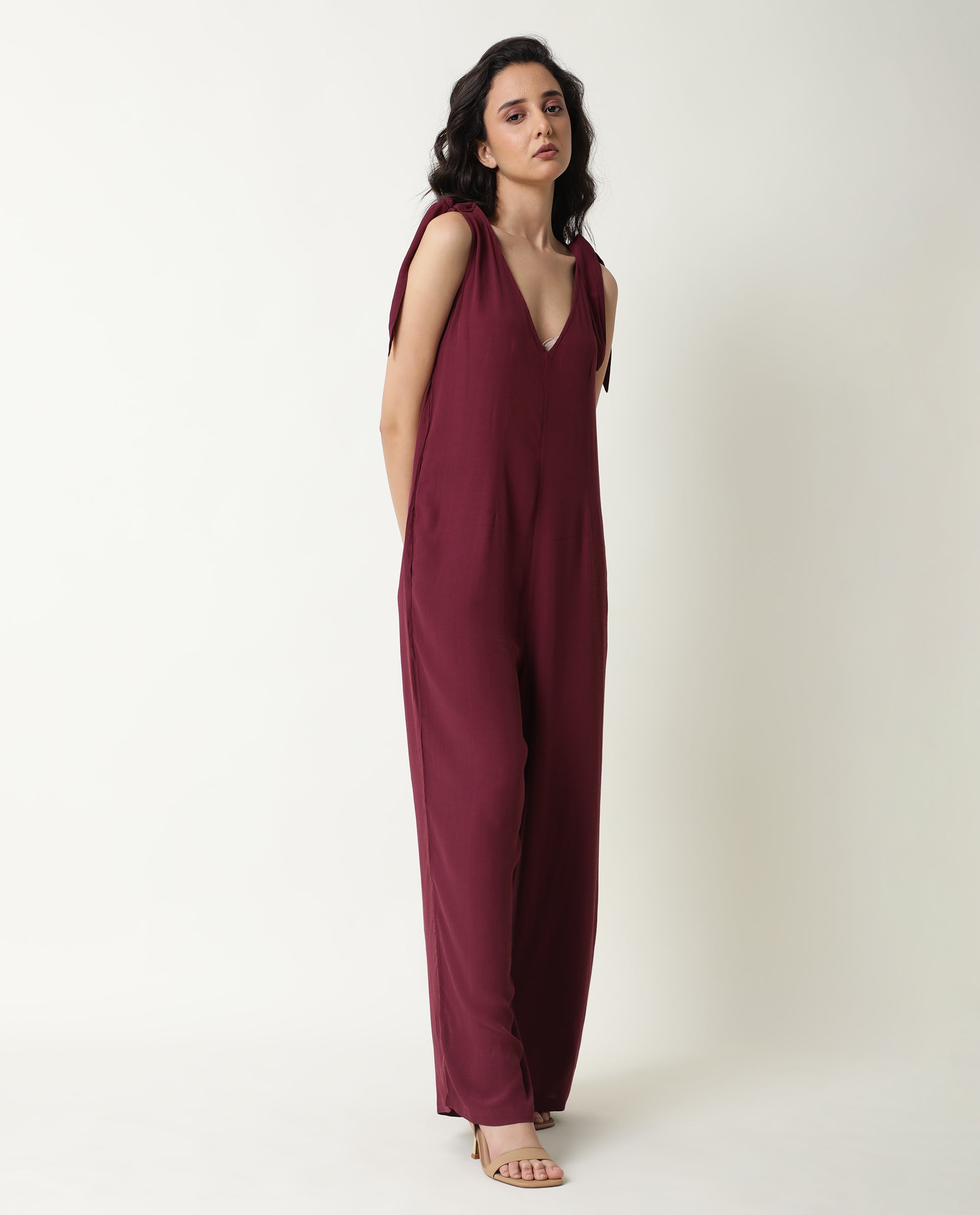 Rareism Women Pivot Maroon Viscose Fabric Tailored Fit Knee Length Solid Jumpsuit