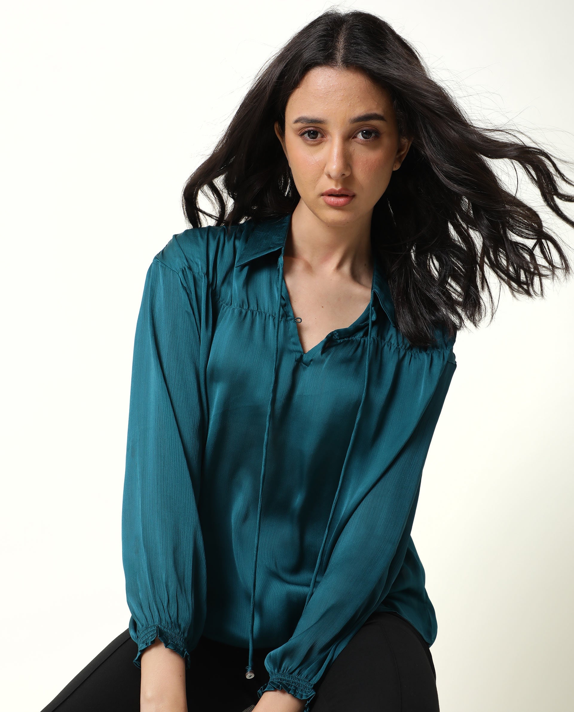 Rareism Womens Leaf Petrol Top Polyester Fabric Regular Fit Puff Sleeves V Neck