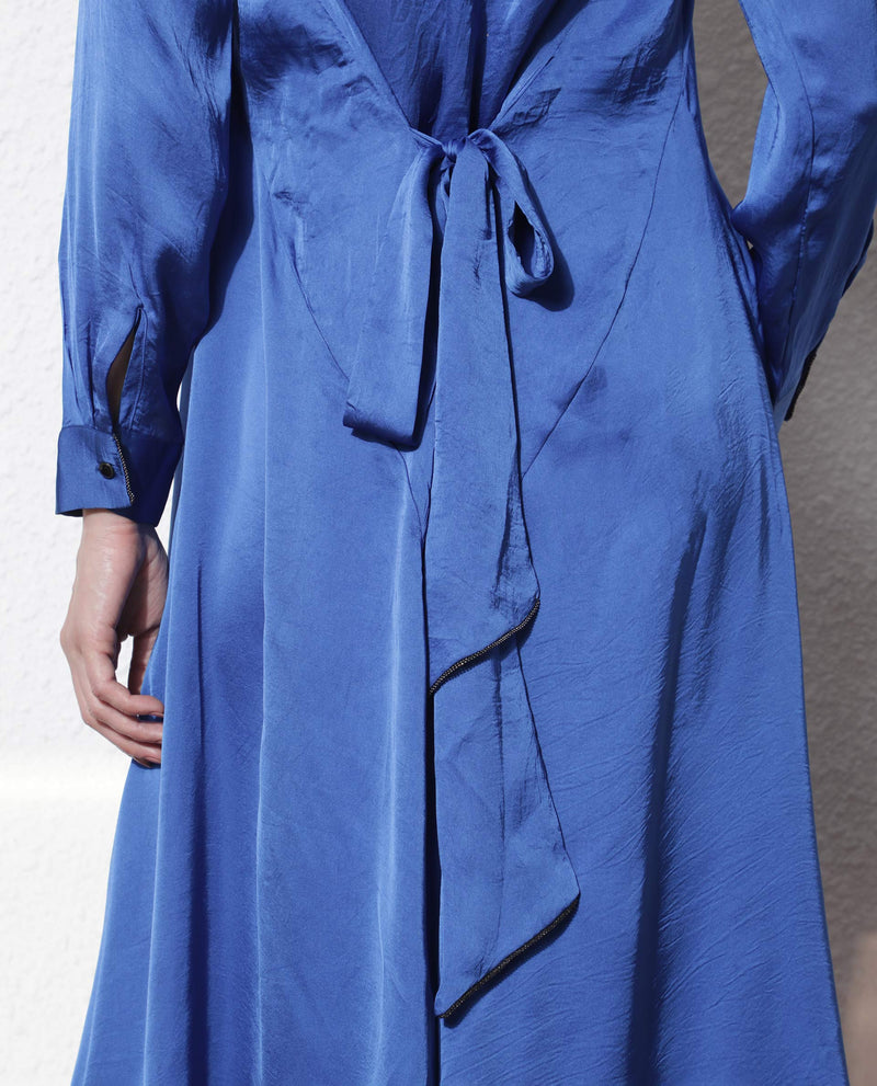 Rareism Women Galaxy Blue Shirt Collar Neck Full Sleeves With Back Zip Closure Satin Maxi Dress