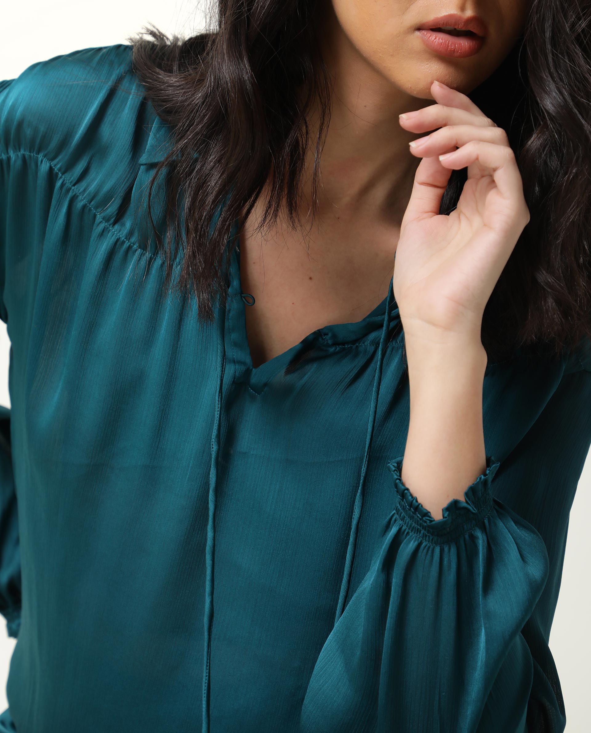 Rareism Womens Leaf Petrol Top Polyester Fabric Regular Fit Puff Sleeves V Neck