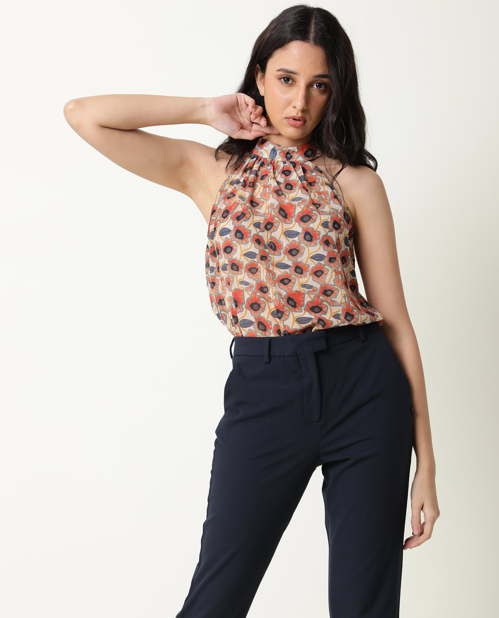 Rareism Women Blake Beige Top Polyester Fabric Sleeveless Back Closure Solid