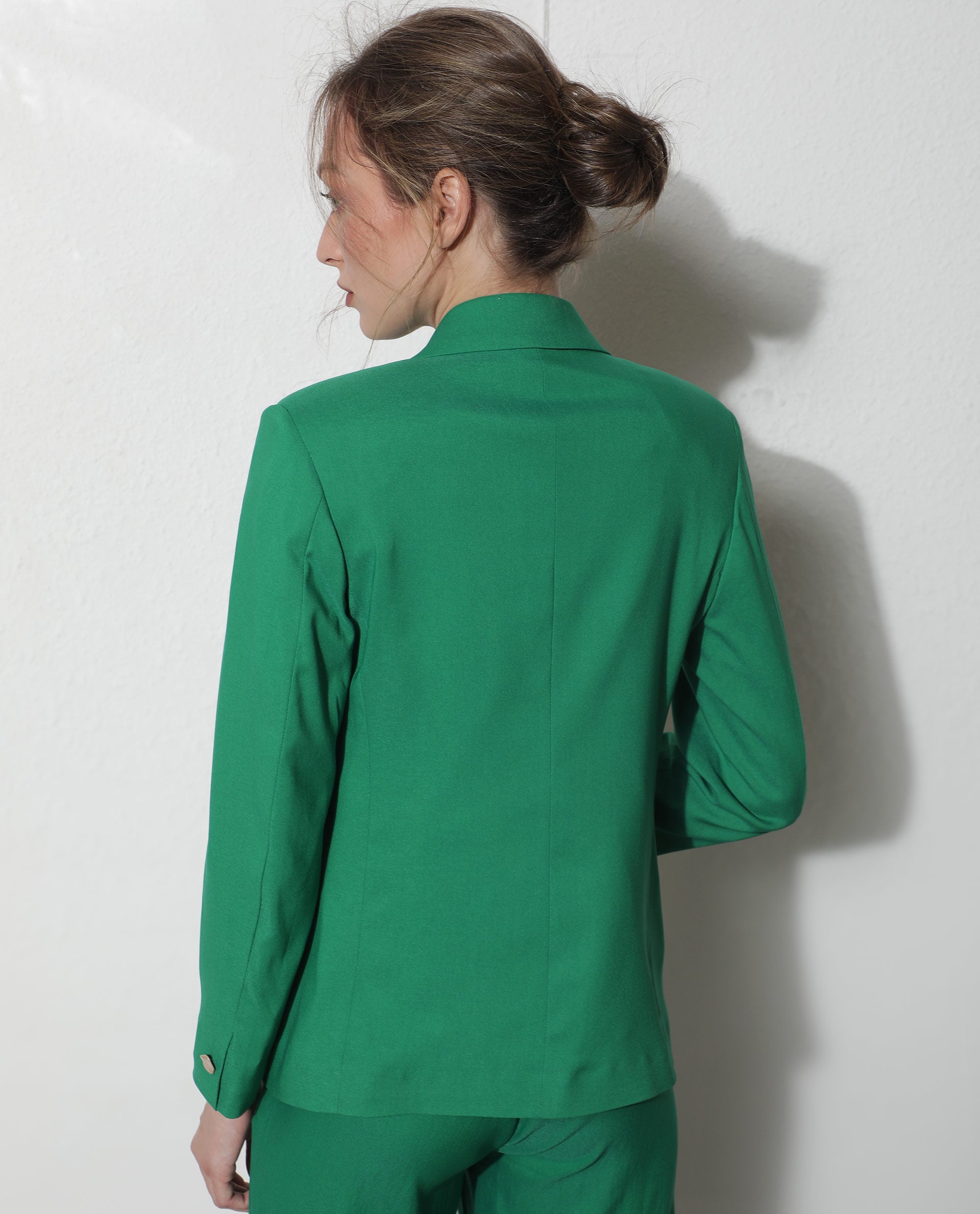 Rareism Women Ziva Green Polyester Fabric Full Sleeves Button Closure Lapel Neck Tailored Fit Plain Blazer