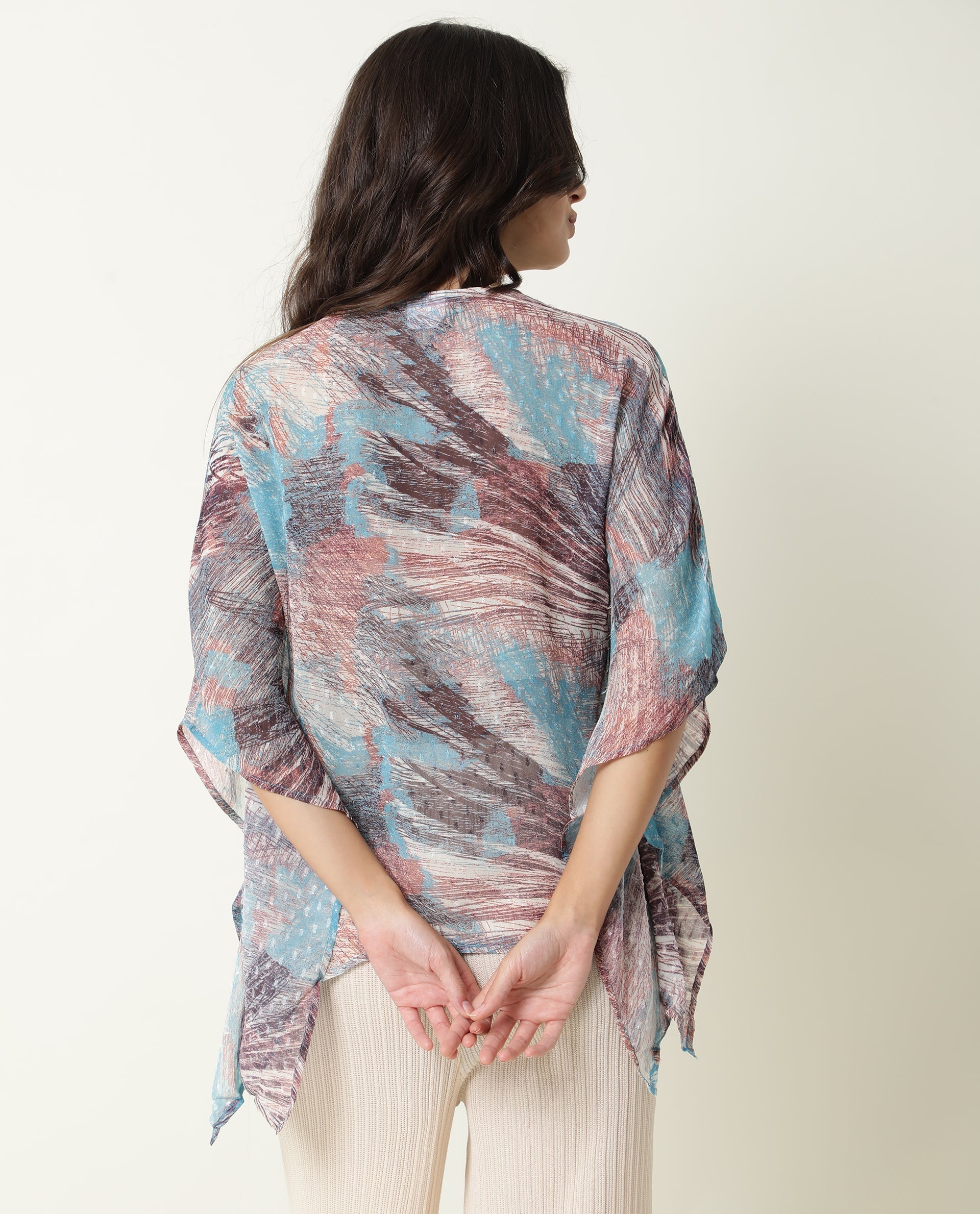 Rareism Women Ojes Dark Blue Viscose Fabric Regular Fit V-Neck Half Sleeves Abstract Print Top