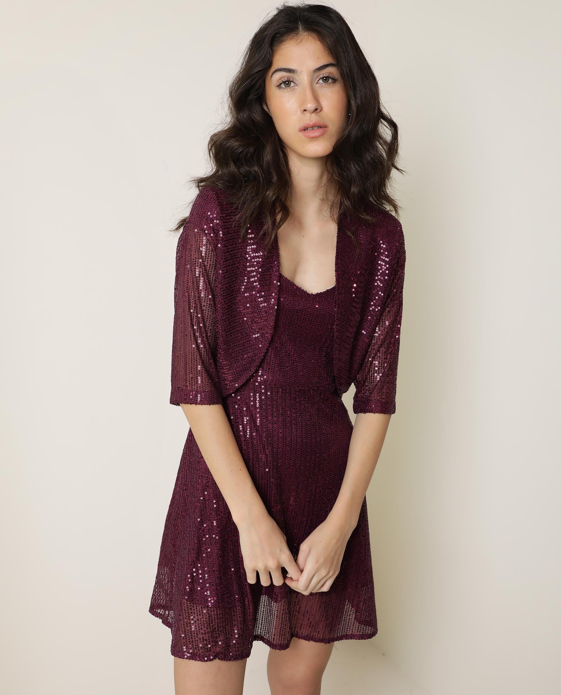 Rareism Women Agog Dark Maroon Nylon Fabric 3/4Th Sleeves Solid Collarless Knee Length Shrug