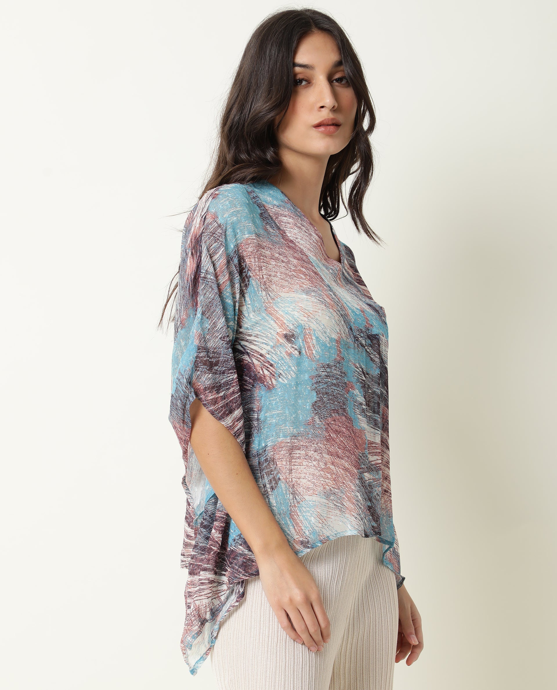 Rareism Women Ojes Dark Blue Viscose Fabric Regular Fit V-Neck Half Sleeves Abstract Print Top