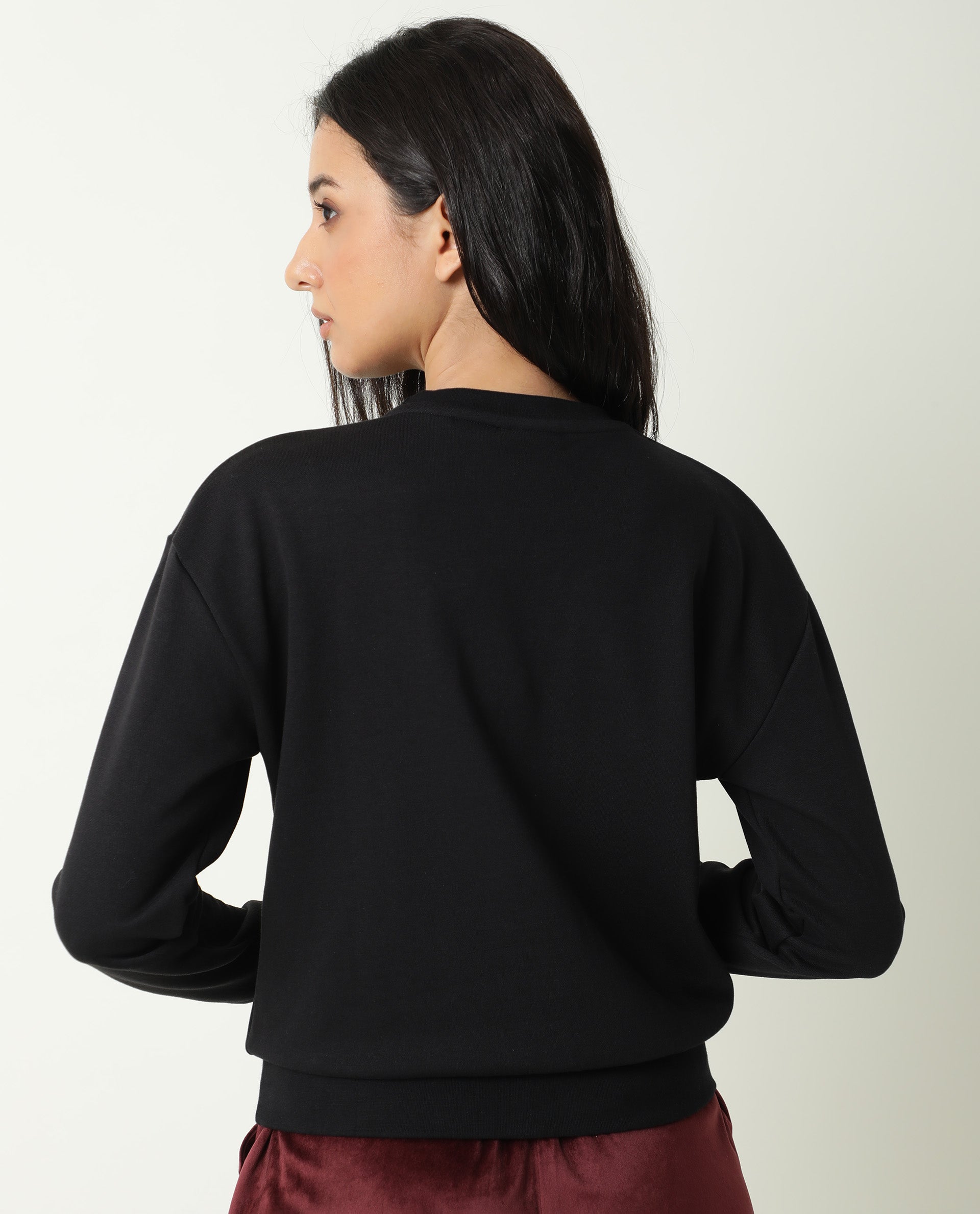 Rareism Women Sandor Black Cotton Poly Fabric Relaxed Fit Full Sleeves Solid Crew Neck Sweatshirt