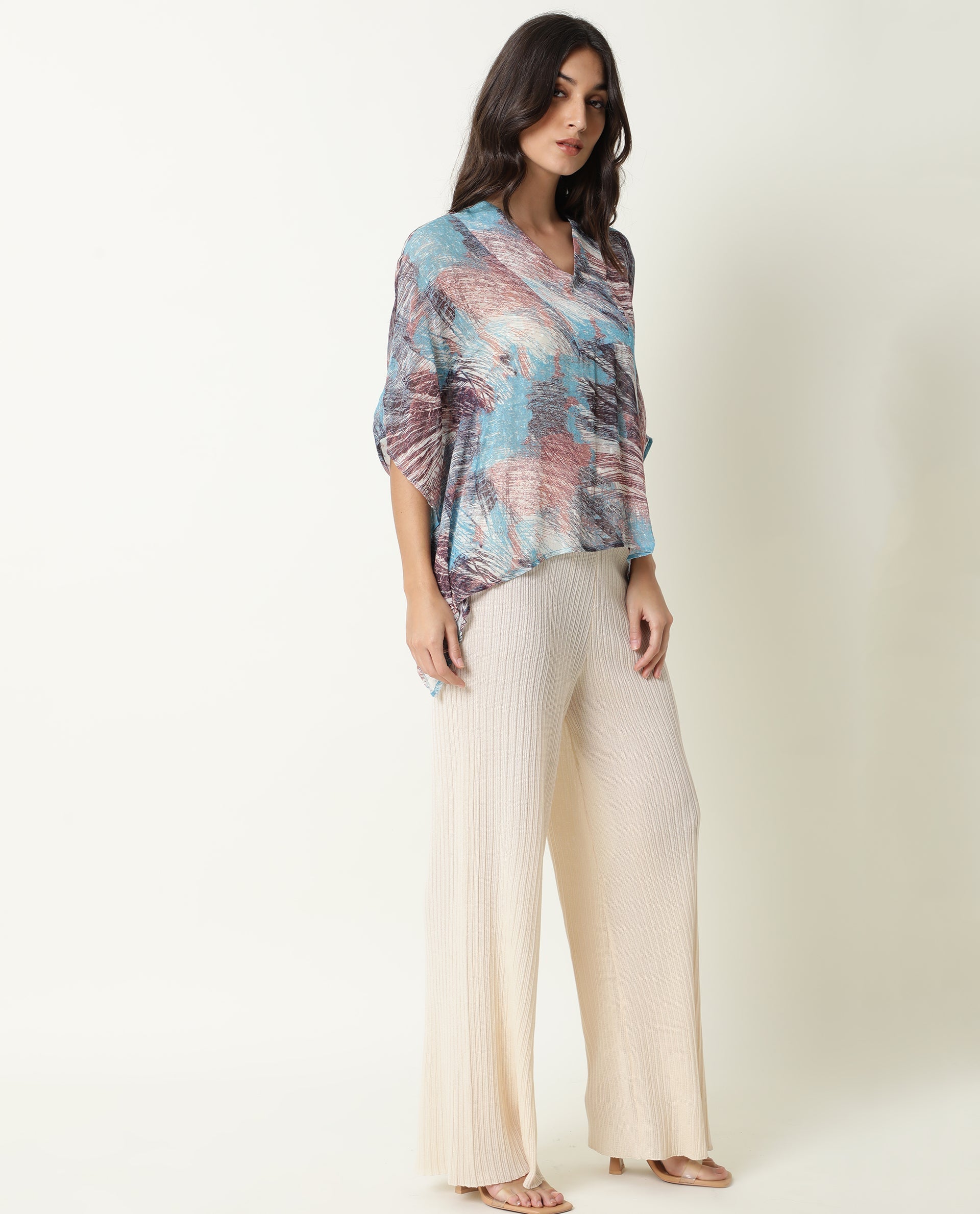 Rareism Women Ojes Dark Blue Viscose Fabric Regular Fit V-Neck Half Sleeves Abstract Print Top