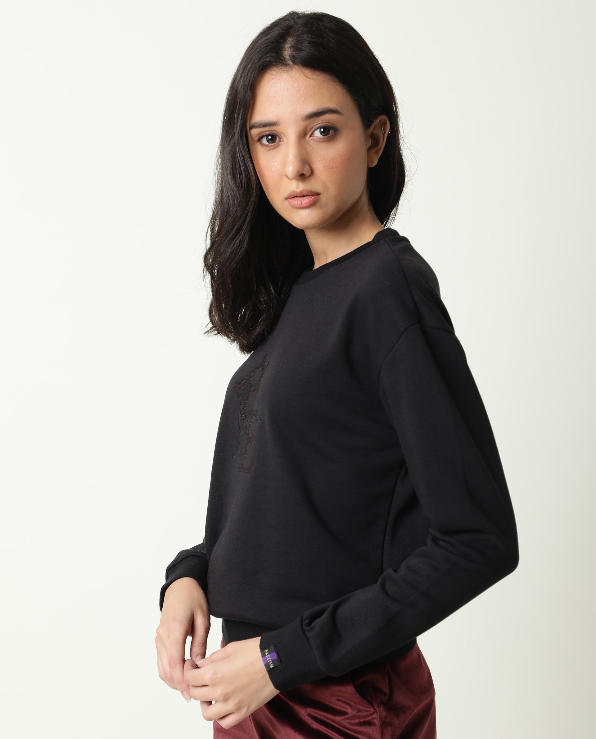 Rareism Women Sandor Black Cotton Poly Fabric Relaxed Fit Full Sleeves Solid Crew Neck Sweatshirt