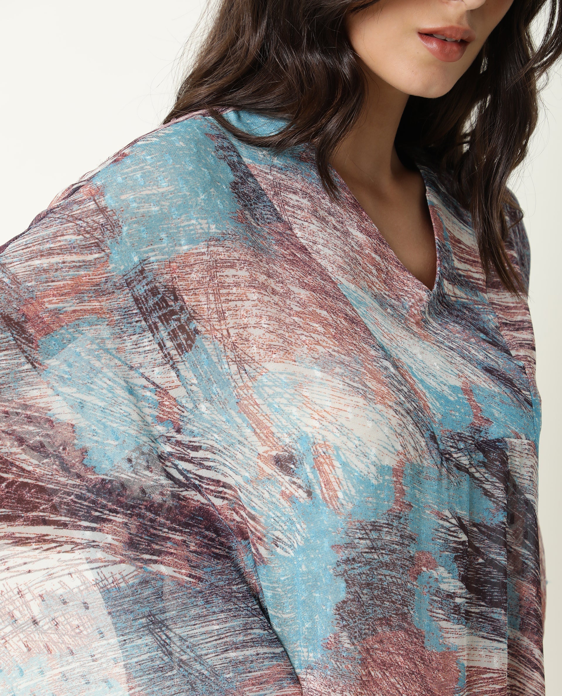 Rareism Women Ojes Dark Blue Viscose Fabric Regular Fit V-Neck Half Sleeves Abstract Print Top