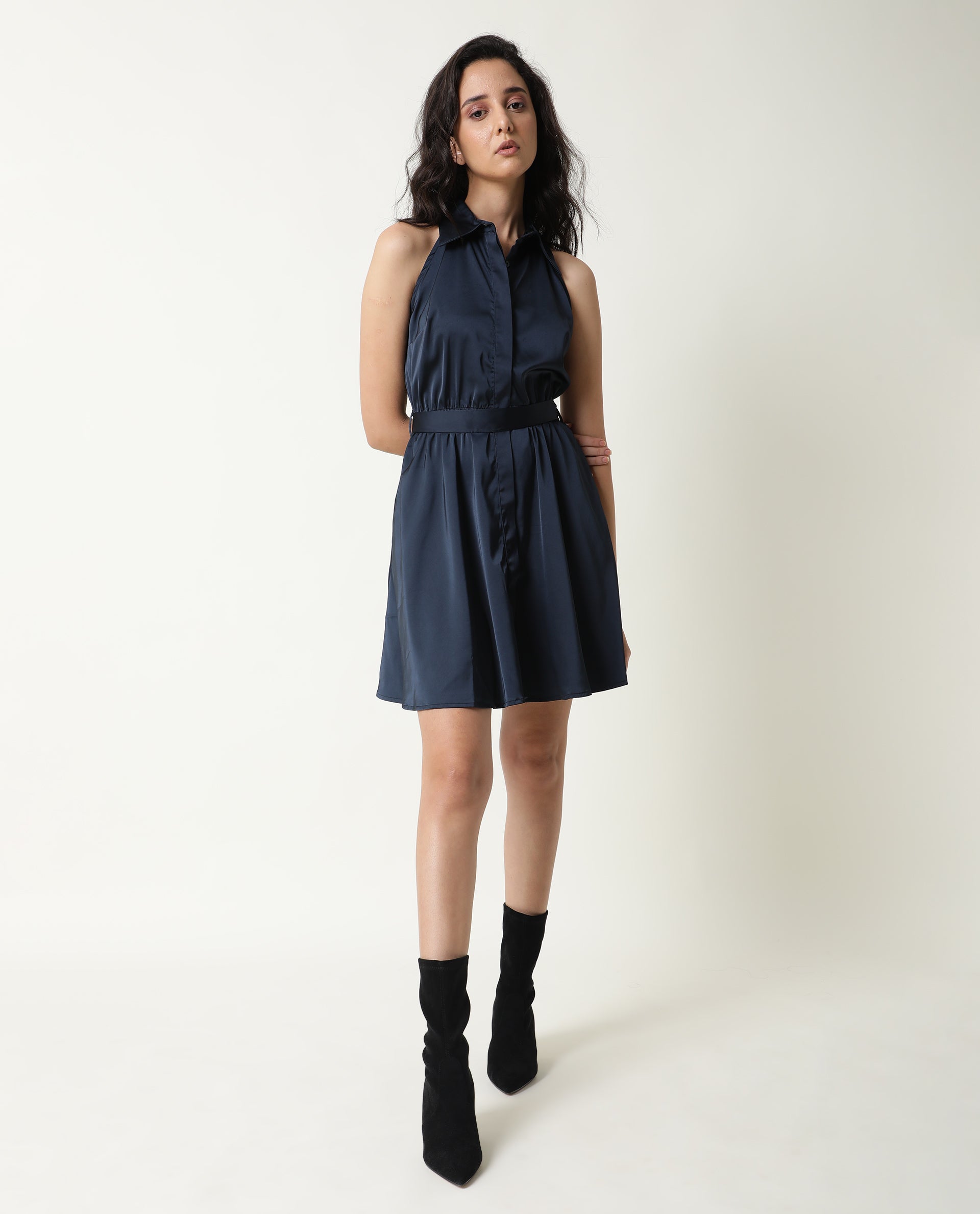 Rareism Women Sulphur Navy Shirt Collar Halter Neck Full Front Button Closure Placket With Fabric Waist Belt Mini Dress