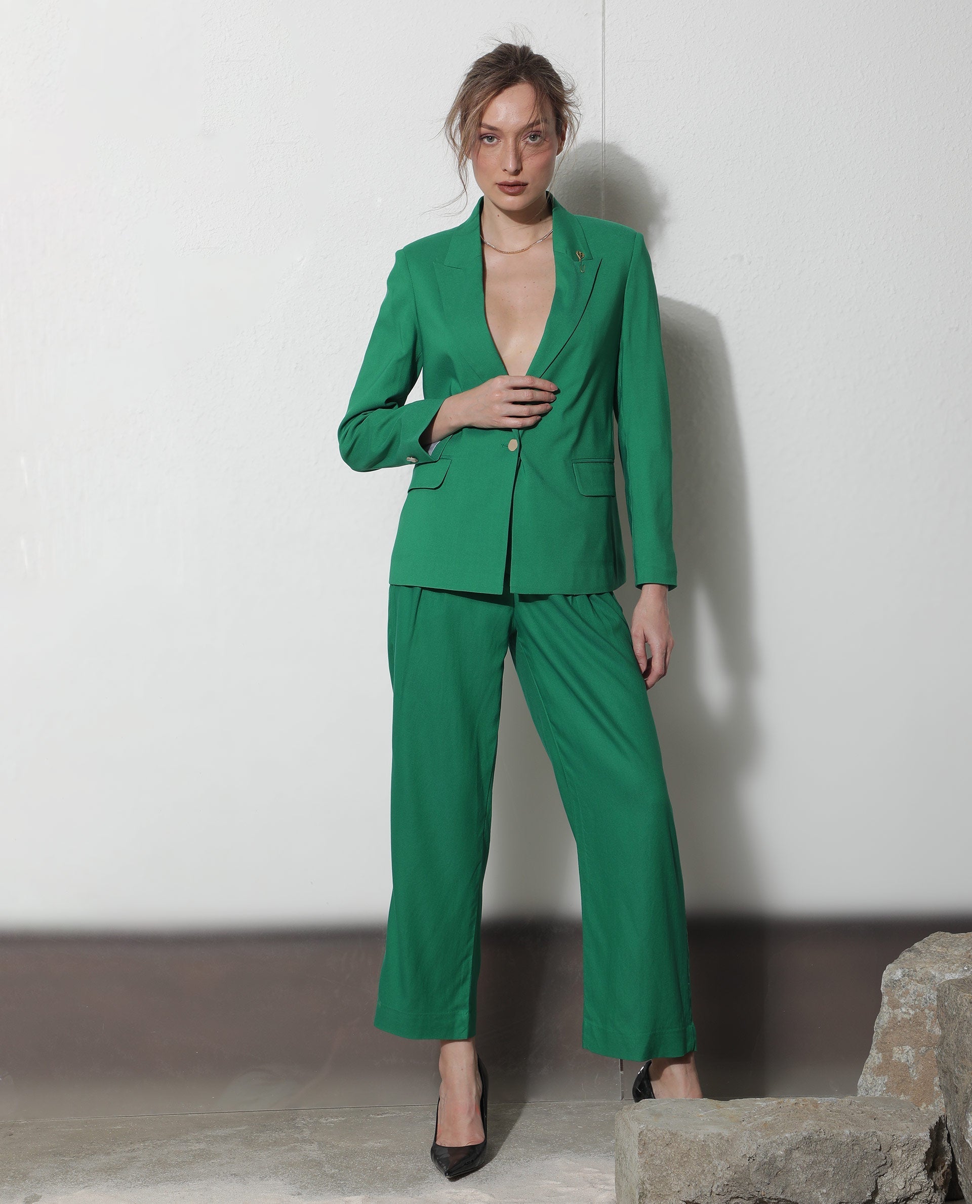 Rareism Women Ziva Green Polyester Fabric Full Sleeves Button Closure Lapel Neck Tailored Fit Plain Blazer