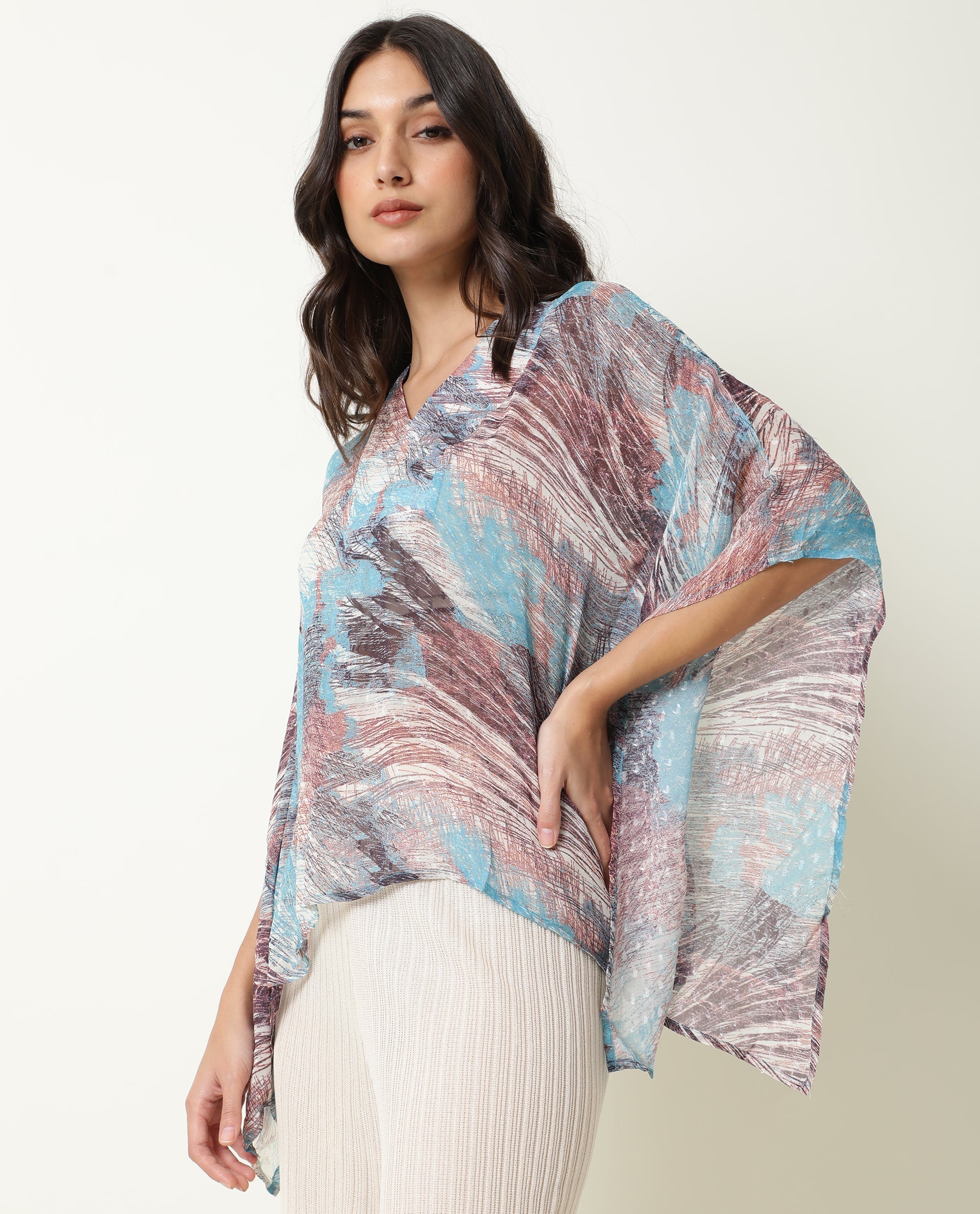 Rareism Women Ojes Dark Blue Viscose Fabric Regular Fit V-Neck Half Sleeves Abstract Print Top