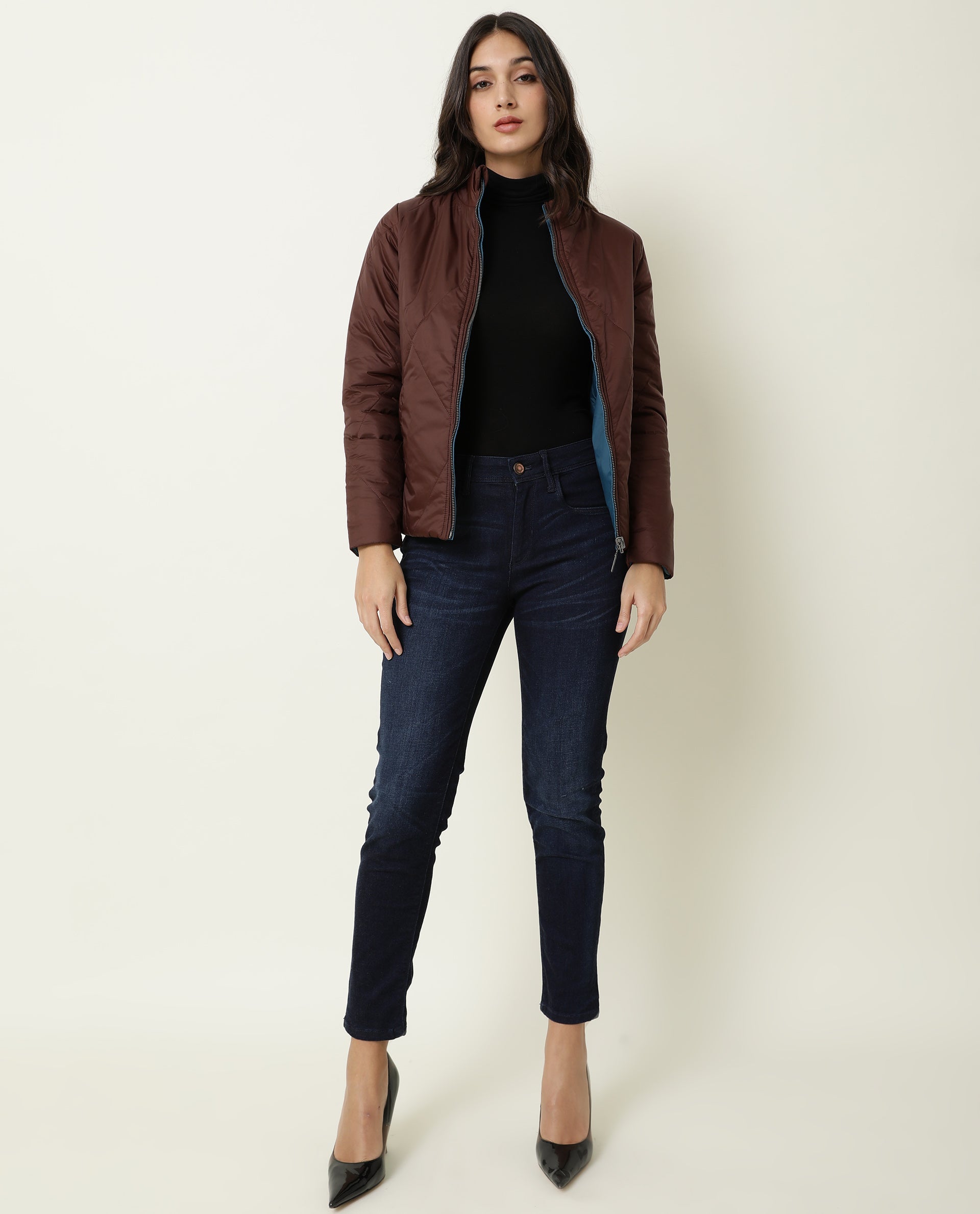 Rareism Women's Cora Maroon Polyester High Neck Plain Regular Fit Jacket