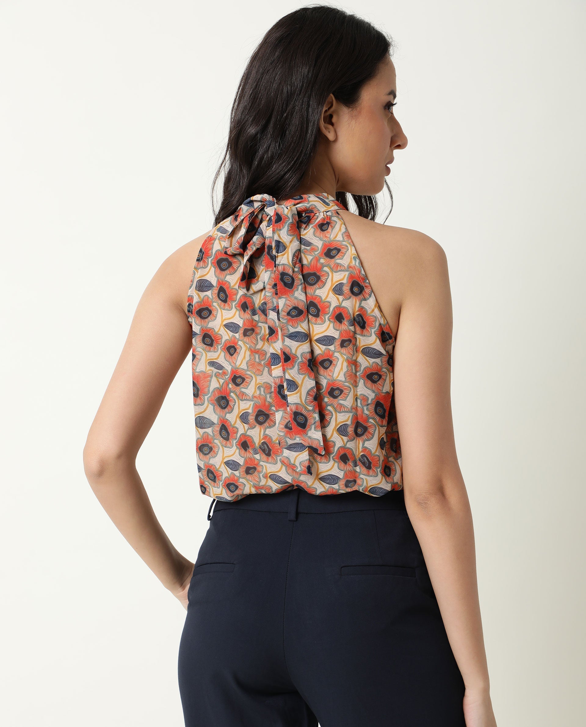 Rareism Women's Blake Beige Boat Neck Floral Print Sleeveless Knee Length Relaxed Fit Top