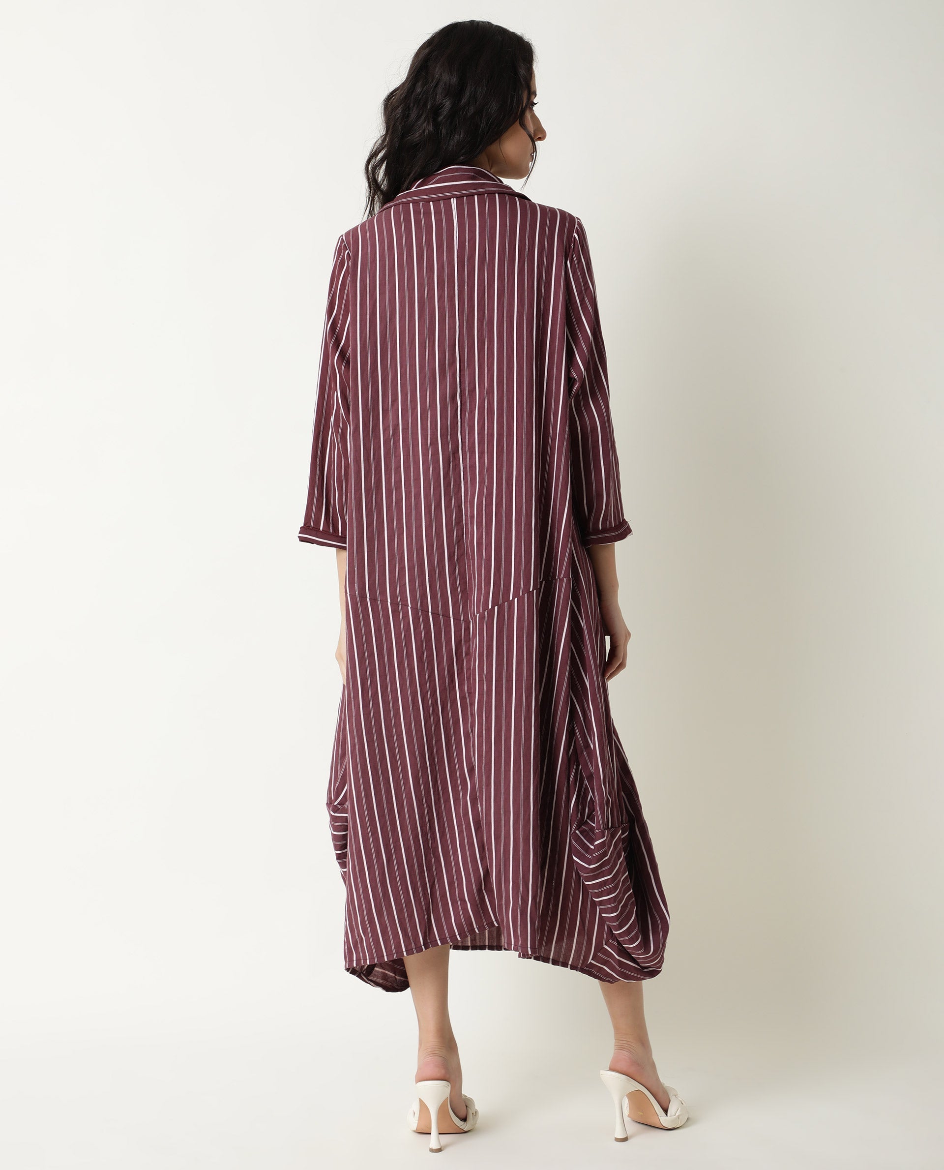Rareism Women Wakanda Maroon Striped Shirt Collar 3/4 Sleeves With Pockets Midi Dress