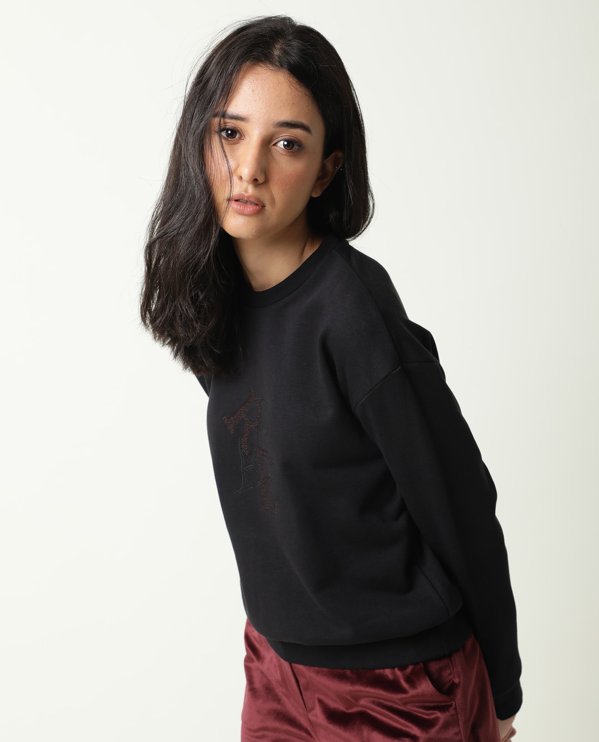 Rareism Women Sandor Black Cotton Poly Fabric Relaxed Fit Full Sleeves Solid Crew Neck Sweatshirt