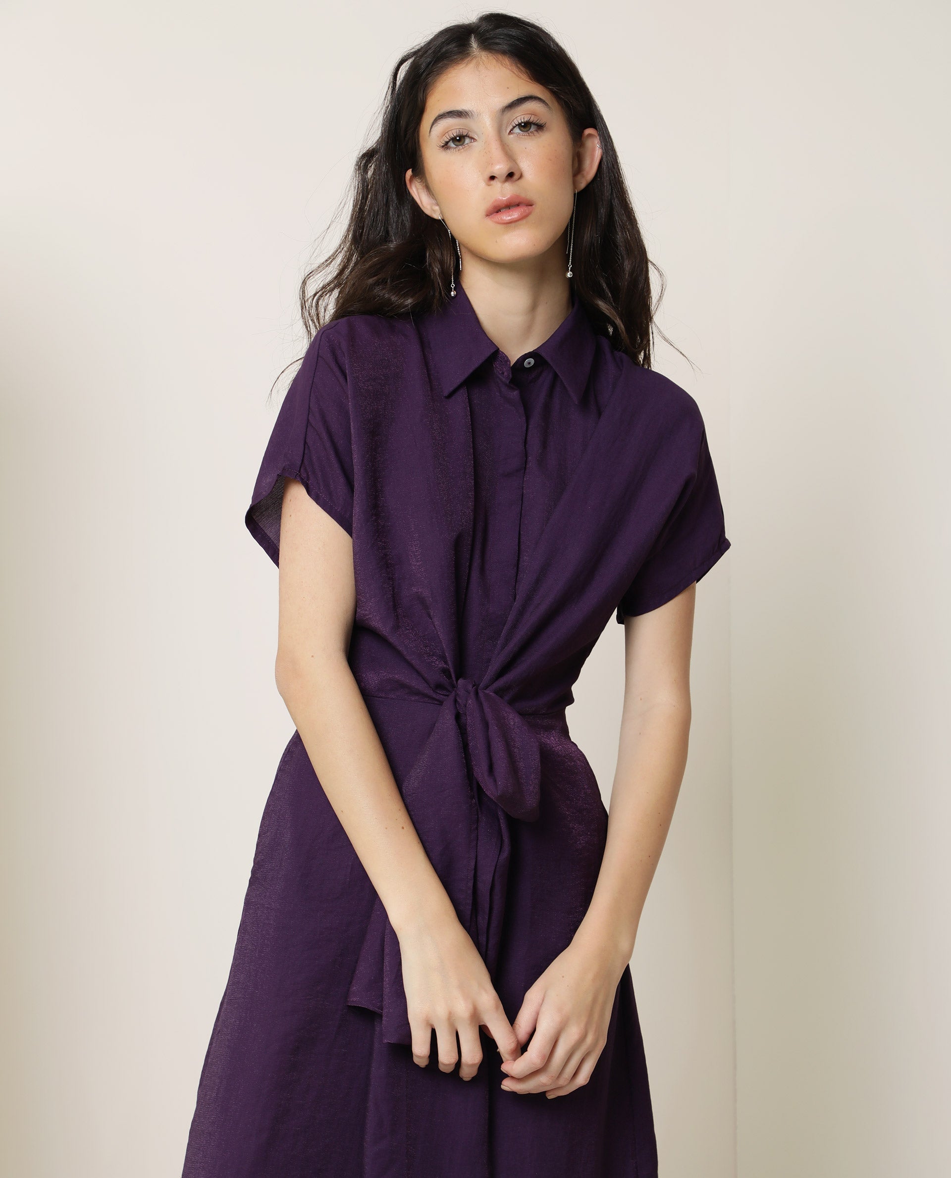 Rareism Women Kori Purple Dress Rayon Nylon Fabric Full Sleeves Solid