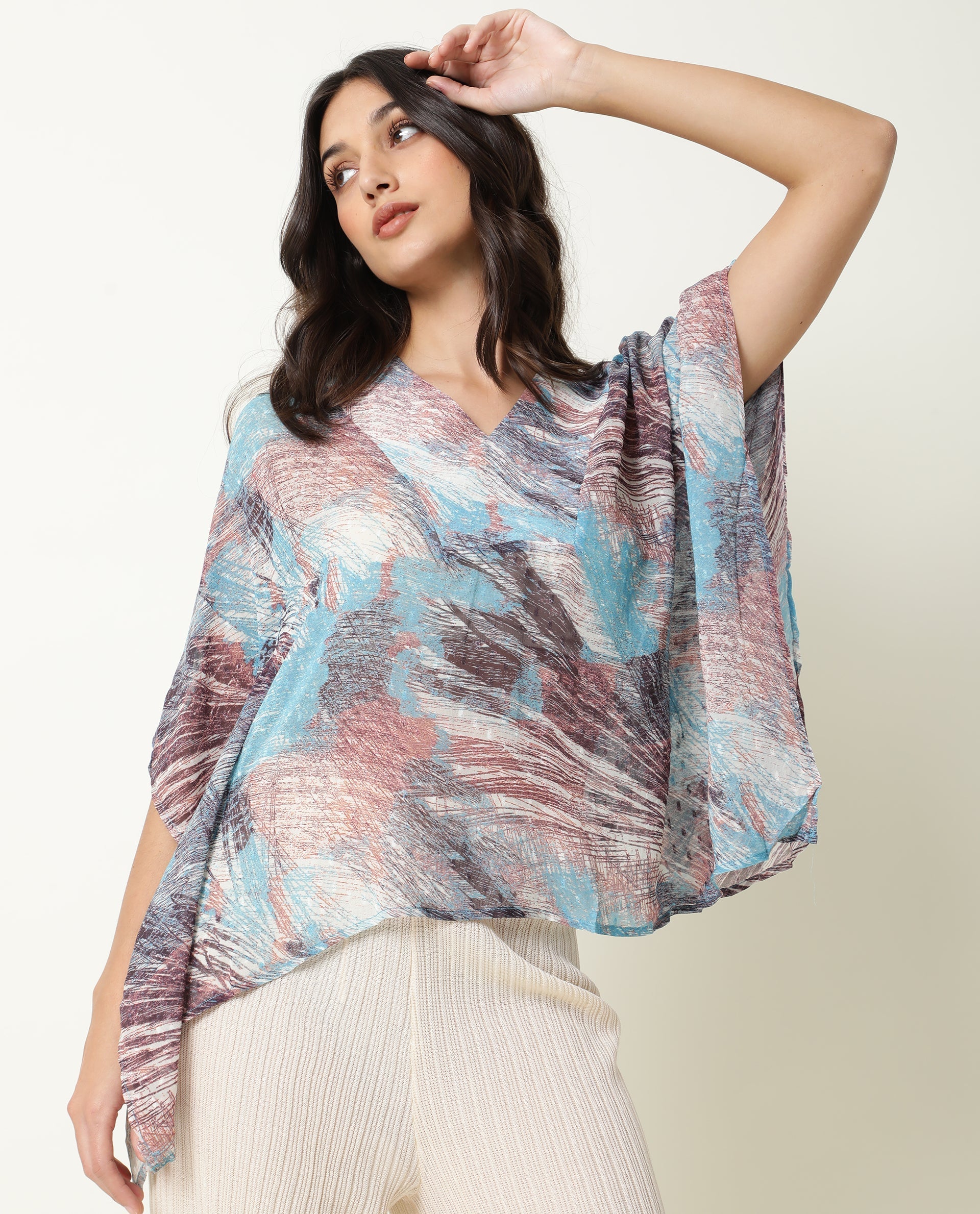Rareism Women Ojes Dark Blue Viscose Fabric Regular Fit V-Neck Half Sleeves Abstract Print Top
