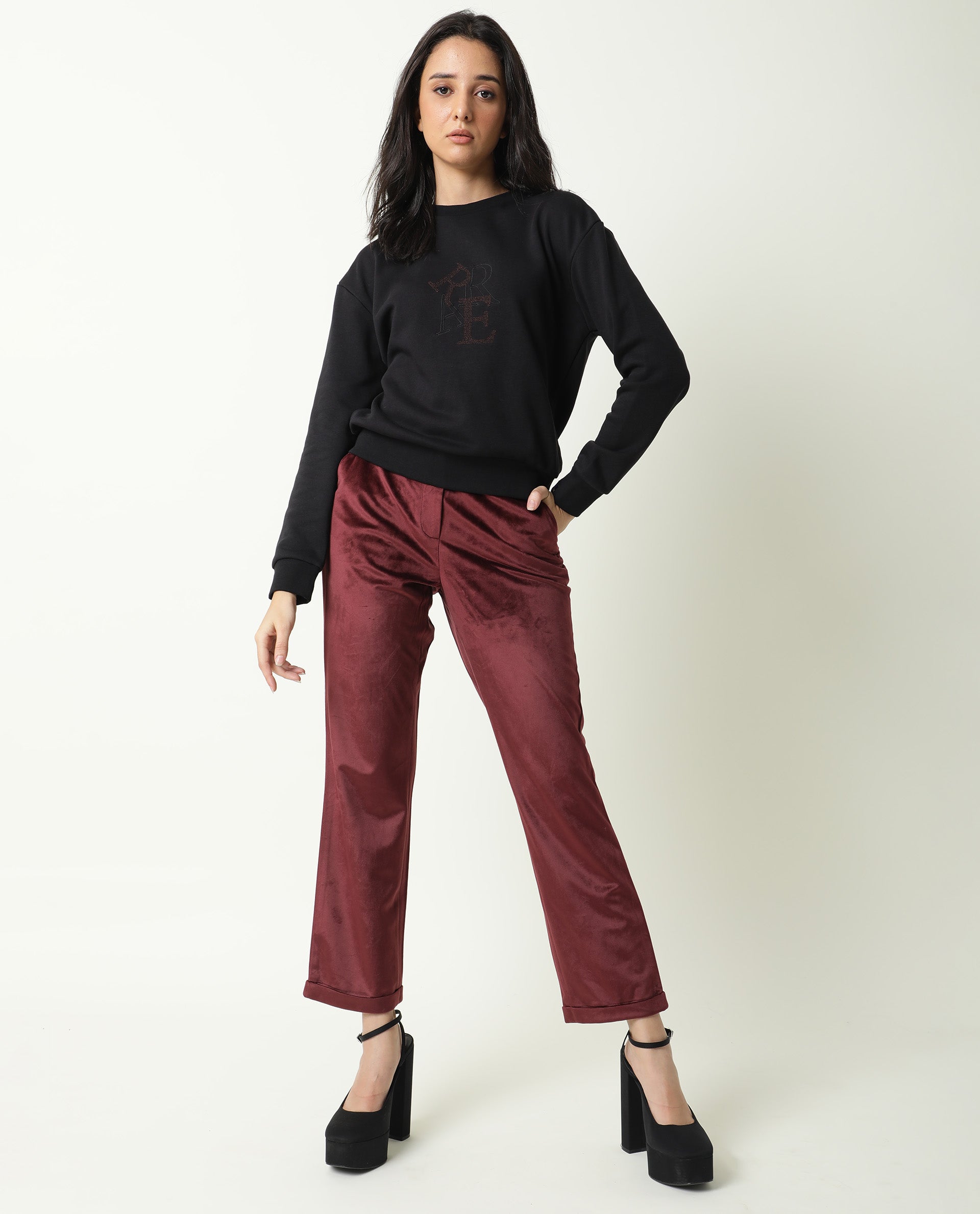 Rareism Women Sandor Black Cotton Poly Fabric Relaxed Fit Full Sleeves Solid Crew Neck Sweatshirt