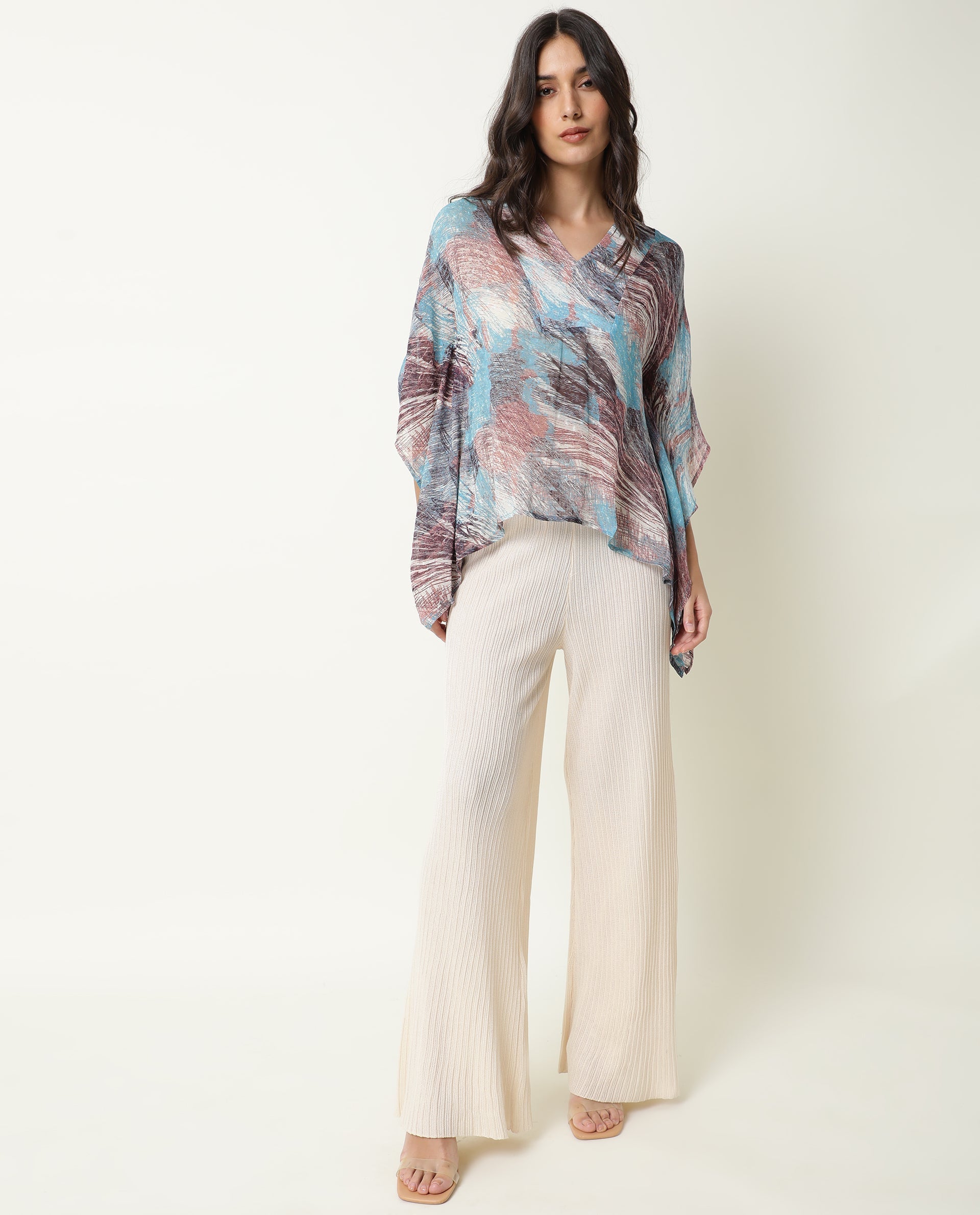 Rareism Women Ojes Dark Blue Viscose Fabric Regular Fit V-Neck Half Sleeves Abstract Print Top
