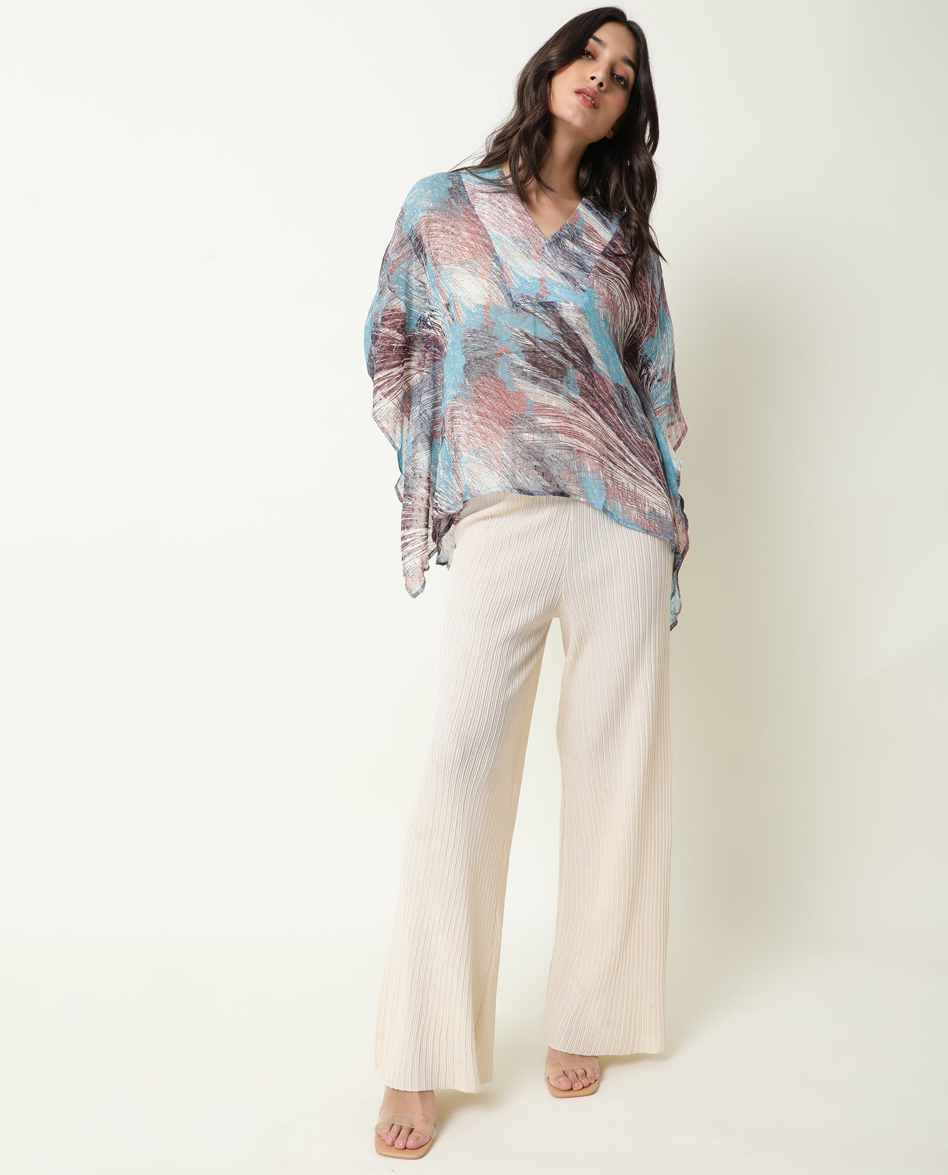 Rareism Women Ojes Dark Blue Viscose Fabric Regular Fit V-Neck Half Sleeves Abstract Print Top