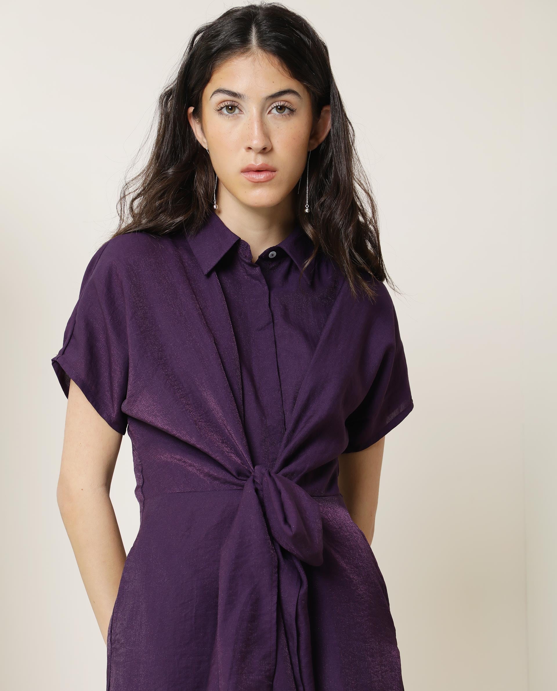 Rareism Women Kori Purple Dress Rayon Nylon Fabric Full Sleeves Solid