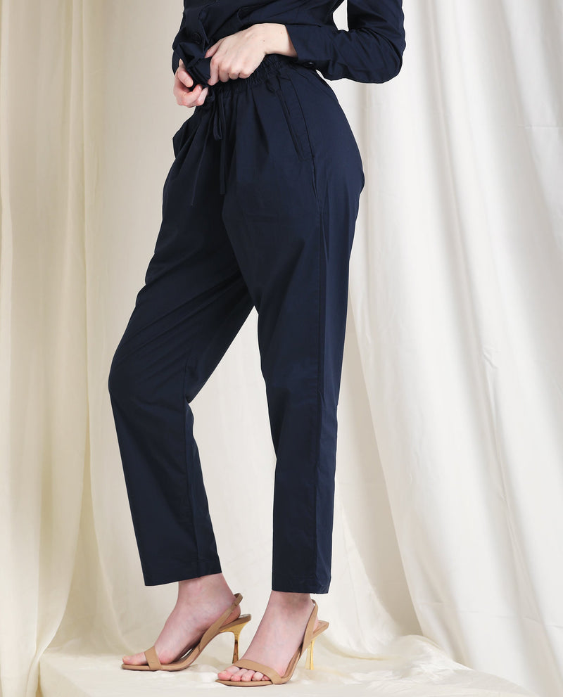 Rareism Women Juven Navy Poly Lycra Fabric Regular Fit Mid Rise Solid Ankle Length Trousers