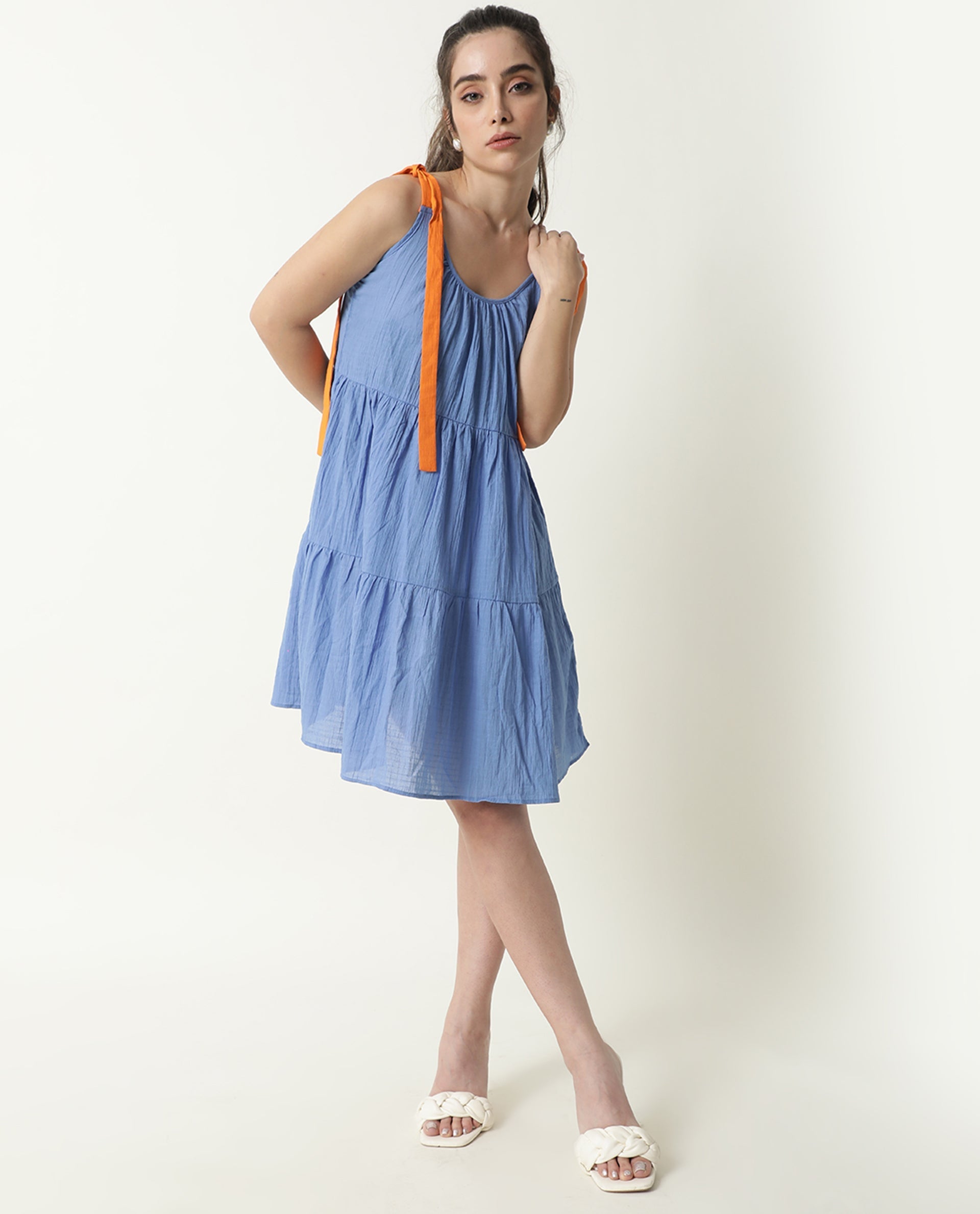 Rareism Womens Melt Blue Dress Cotton Fabric Regular Fit Sleeveless Scoop Neck