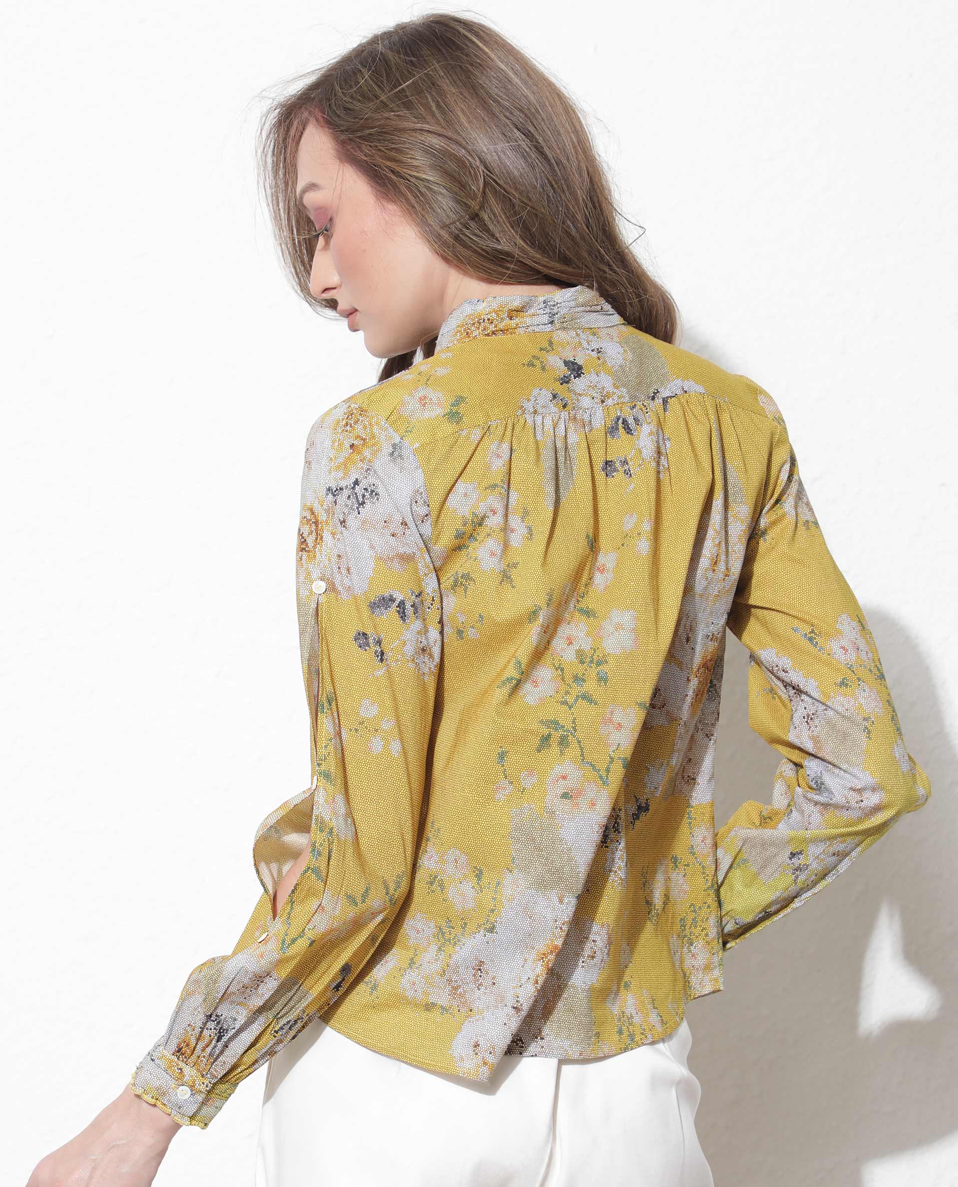Rareism Women Morgan Dark Yellow Cotton Fabric Regular Fit High Neck Full Sleeves Floral Print Top