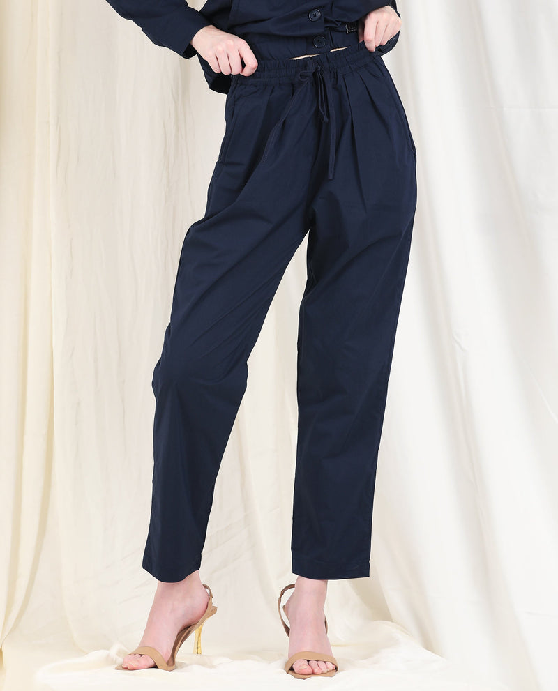 Rareism Women Juven Navy Poly Lycra Fabric Regular Fit Mid Rise Solid Ankle Length Trousers