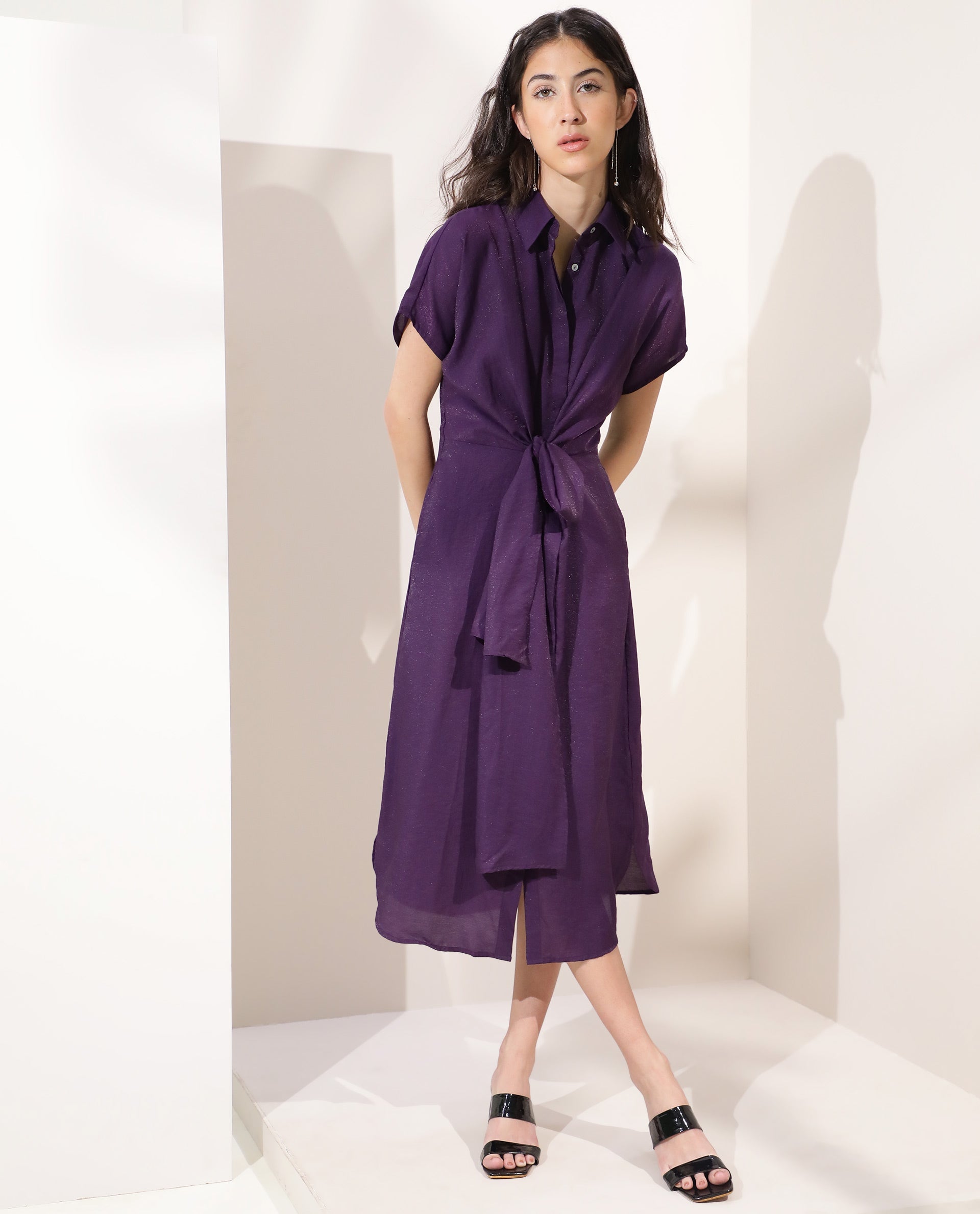 Rareism Women Kori Purple Dress Rayon Nylon Fabric Full Sleeves Solid