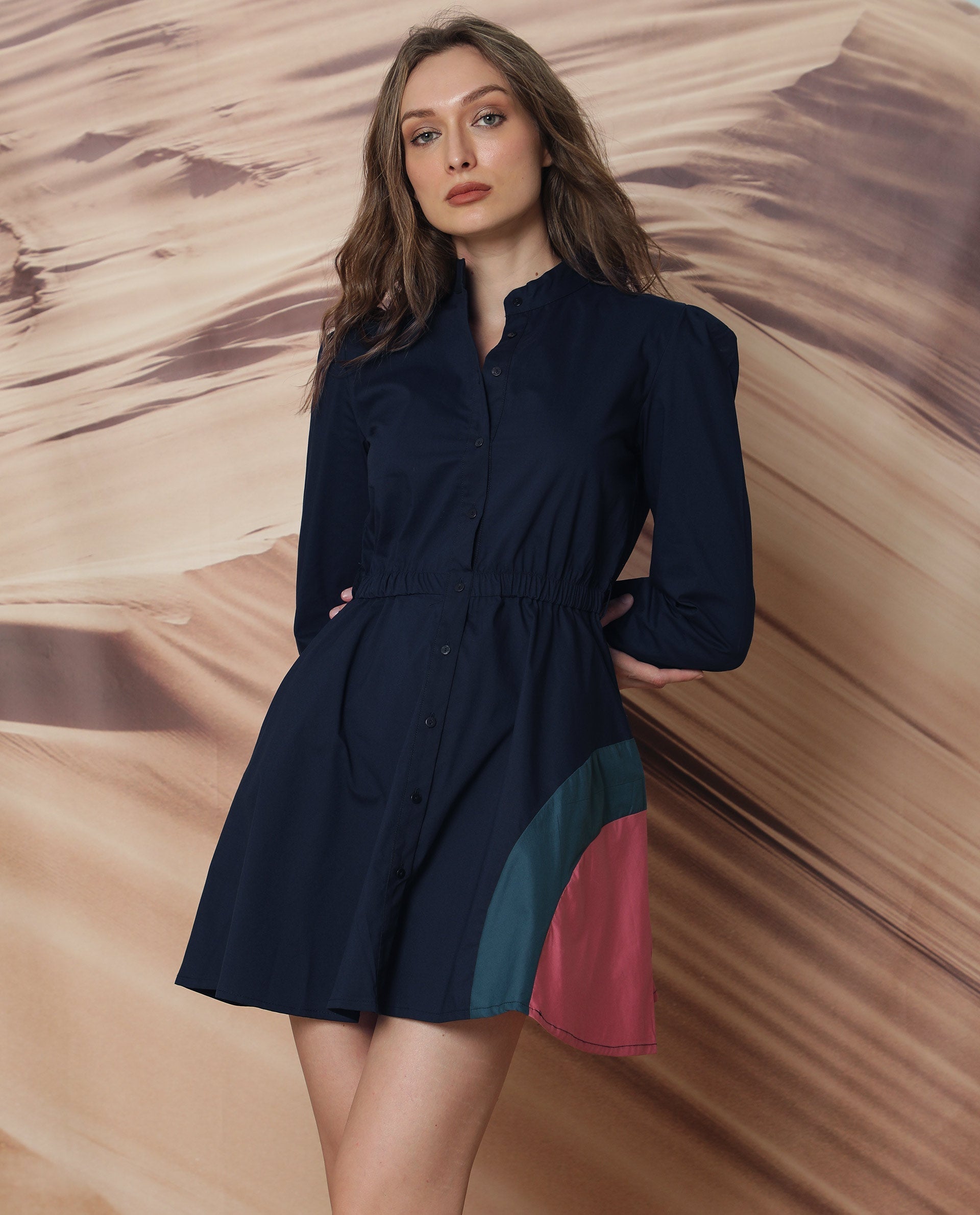 Rareism Women Pharma Navy Mandarin Collar Full Sleeves Front Full Button Closure With Fabric Waist Belt Pocket Mini Dress