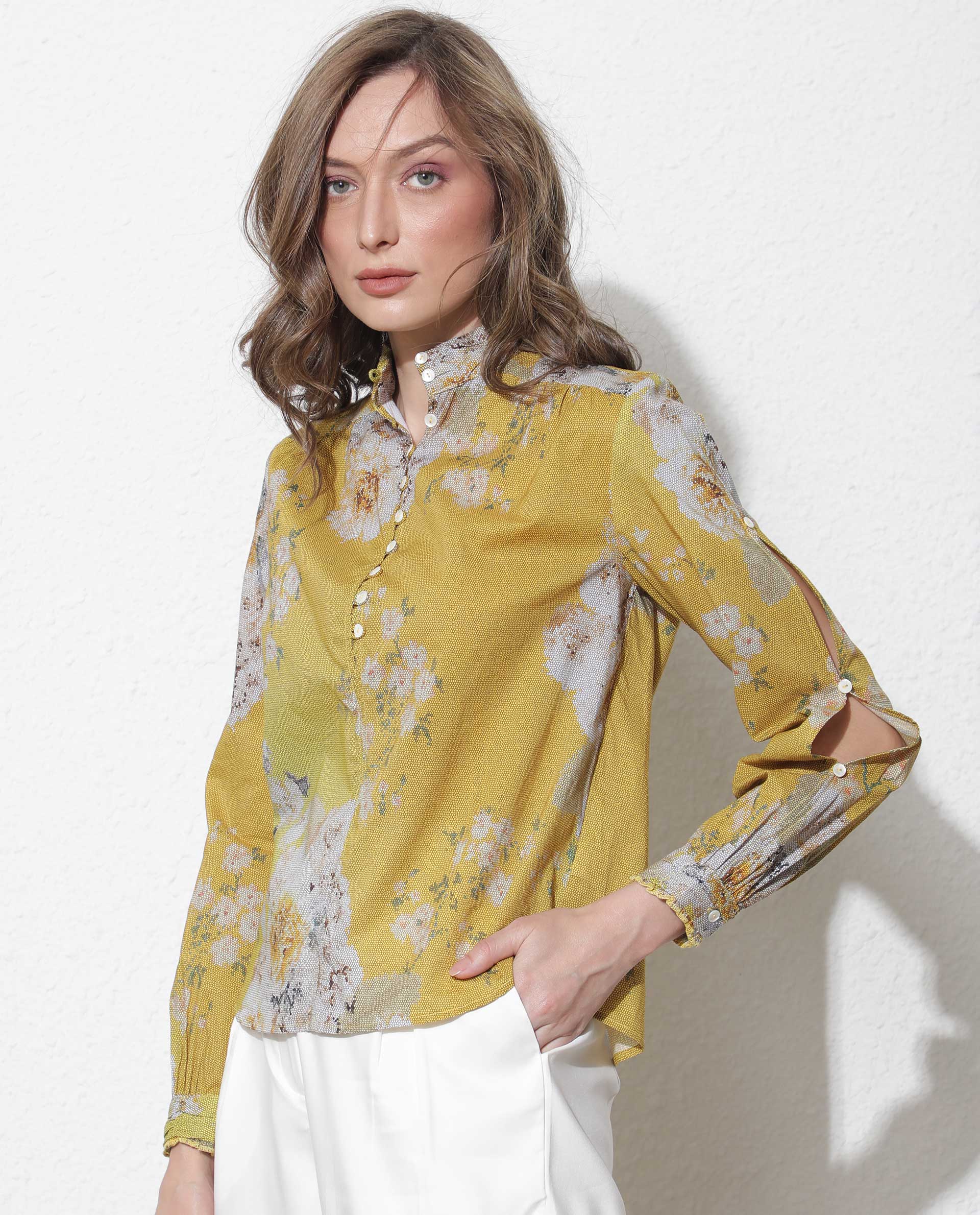 Rareism Women Morgan Dark Yellow Cotton Fabric Regular Fit High Neck Full Sleeves Floral Print Top