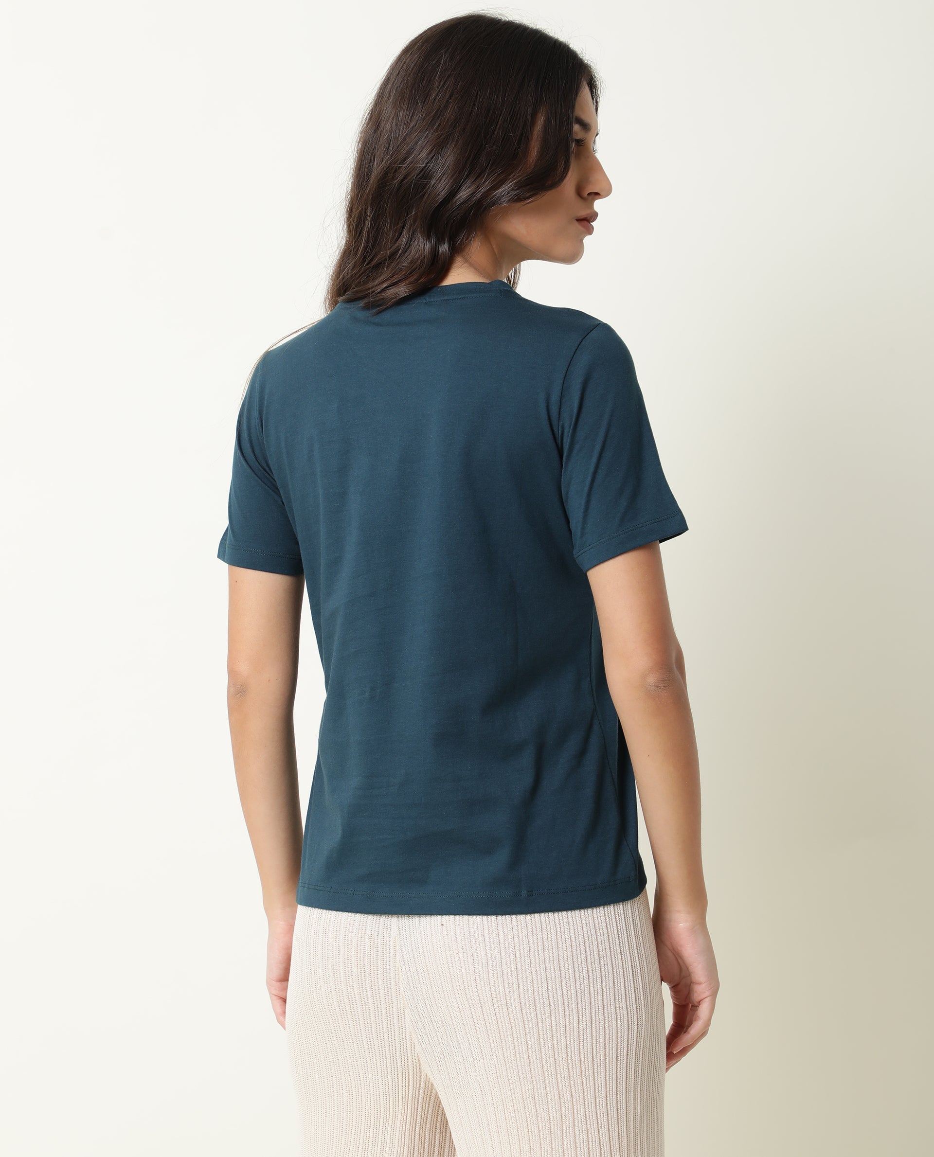 Rareism Women Moes Petrol Cotton Fabric Regular Fit Half Sleeves Graphic Print Crew Neck T-Shirt