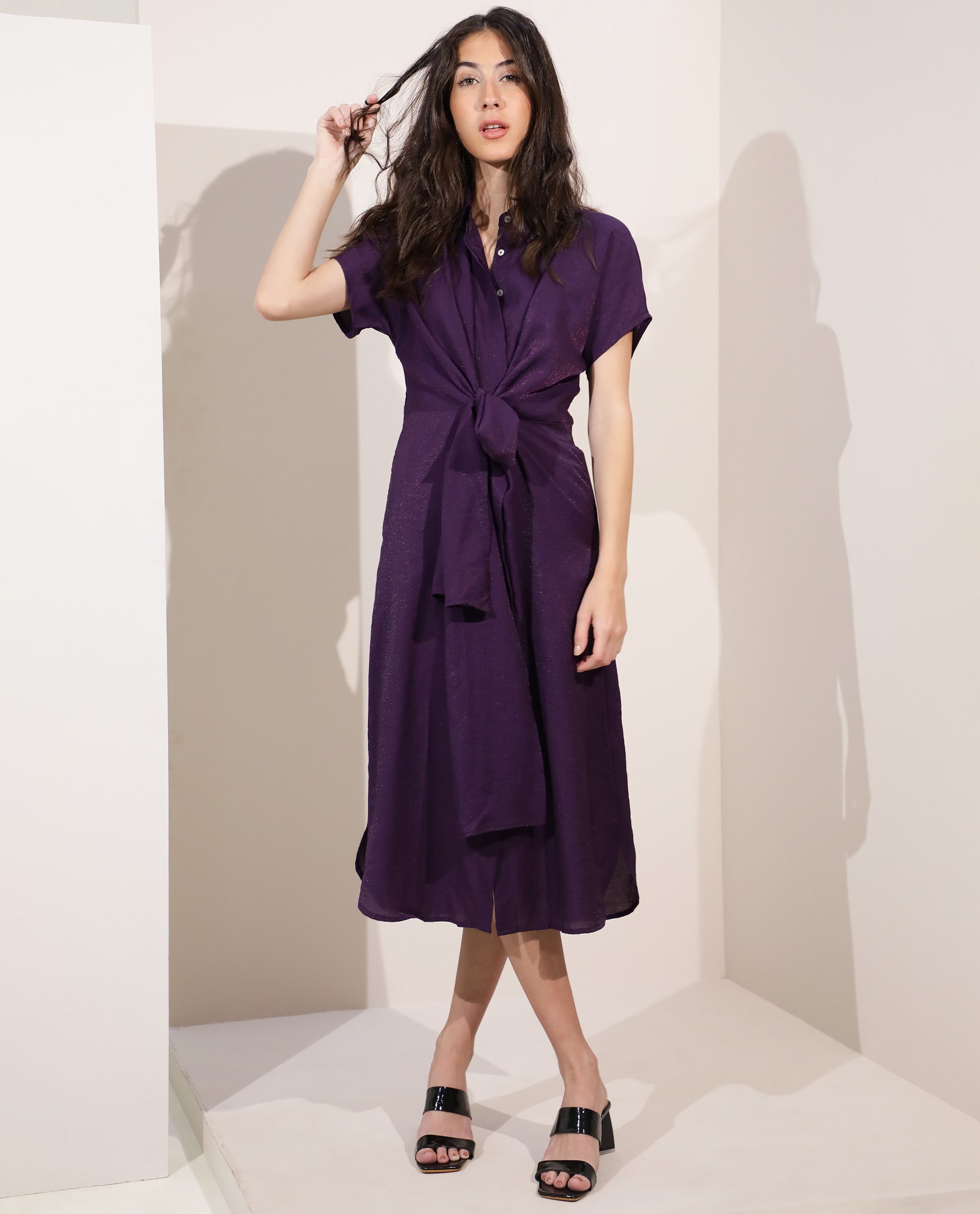 Rareism Women Kori Purple Dress Rayon Nylon Fabric Full Sleeves Solid